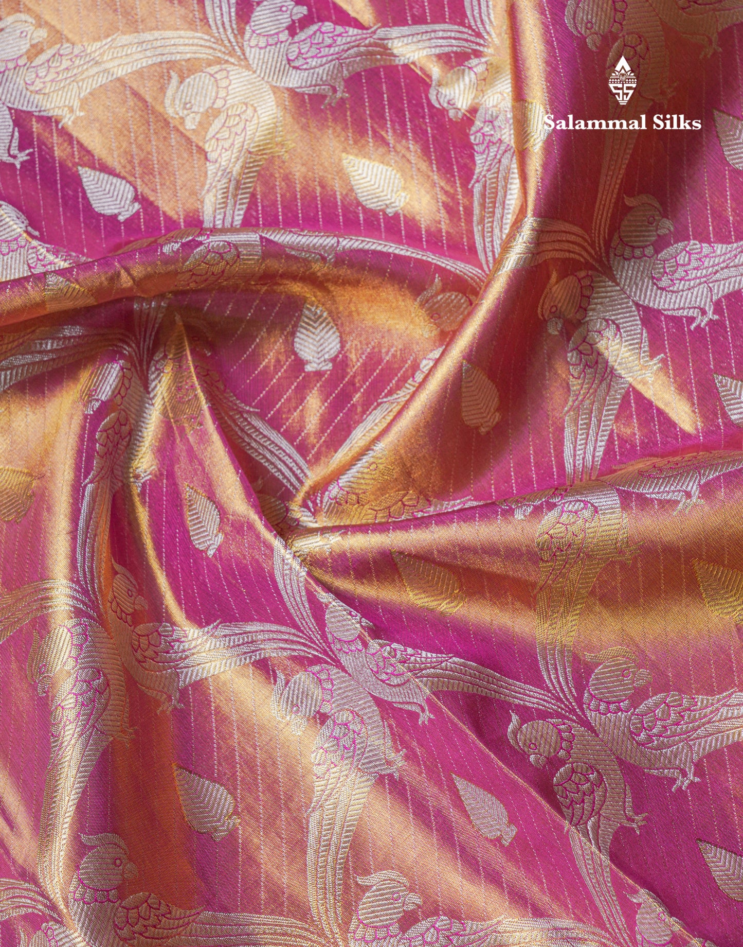 Pink Tissue Bridal Pure Kanjivaram Silk Saree With Contrast Dark Purple Long Traditional Border