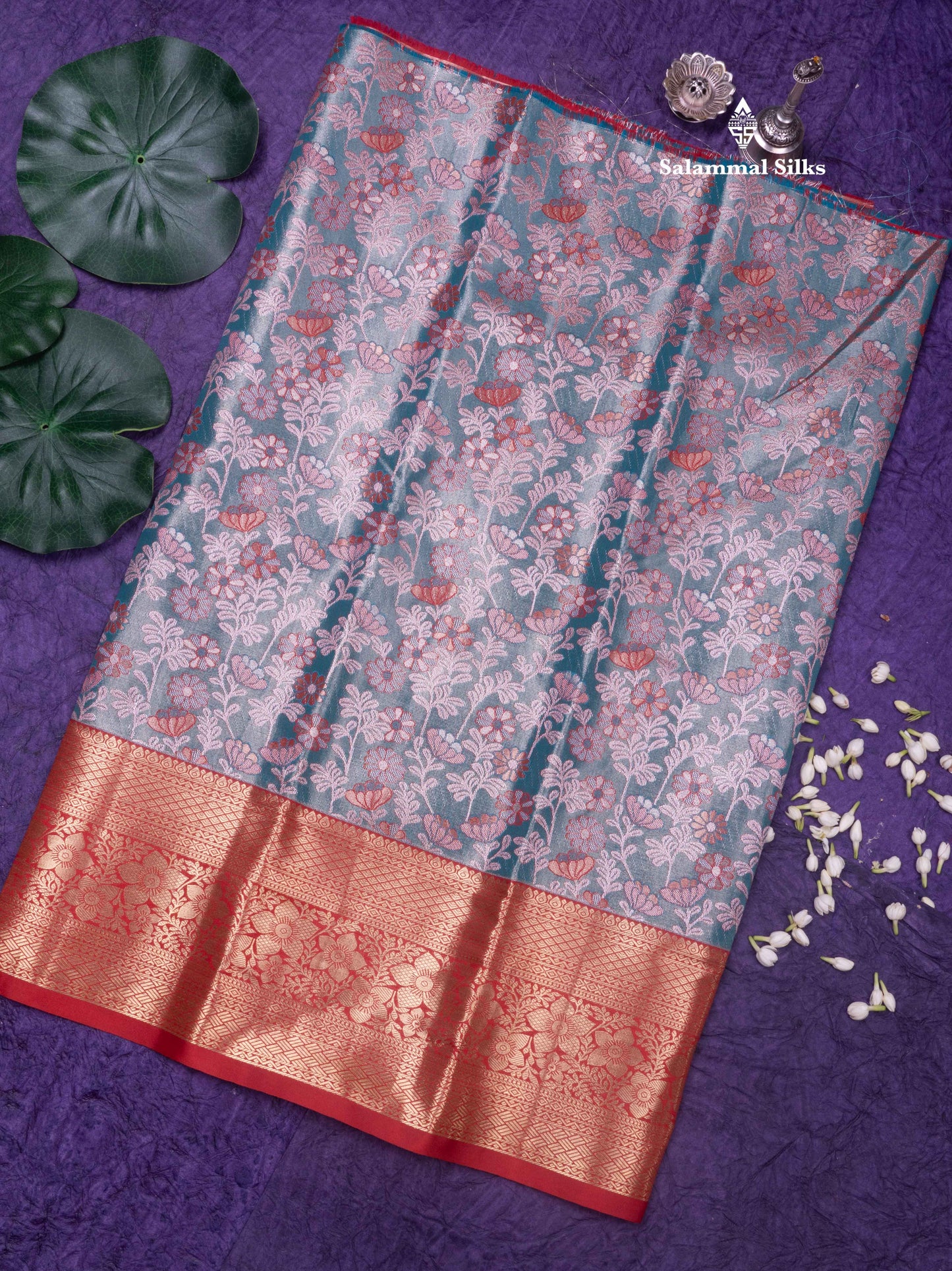 Semi Silk Pattu Pavadai (Sapphire Green) with Red colour Blouse 27"