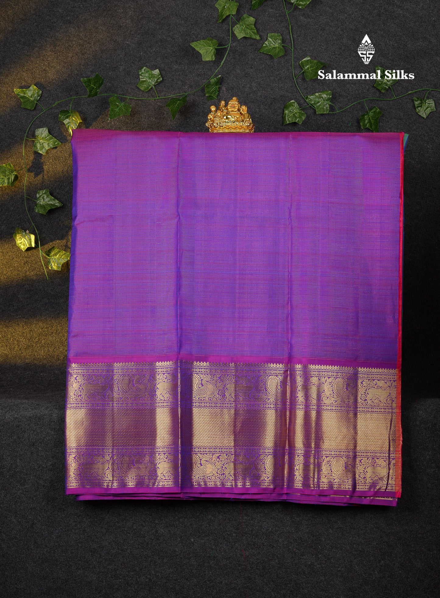 Beautiful Pure Silk Pattu Pavadai (Dual Tone Peacock Blue) With Contrast Purple Blouse 44"