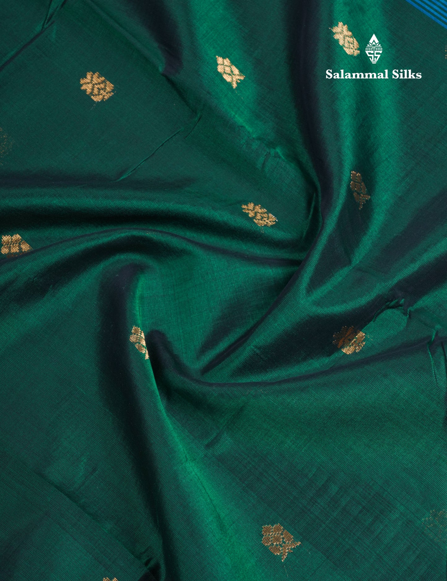 Bottle Green Pure Silk Cotton Saree With Contrast Sky Blue Blouse