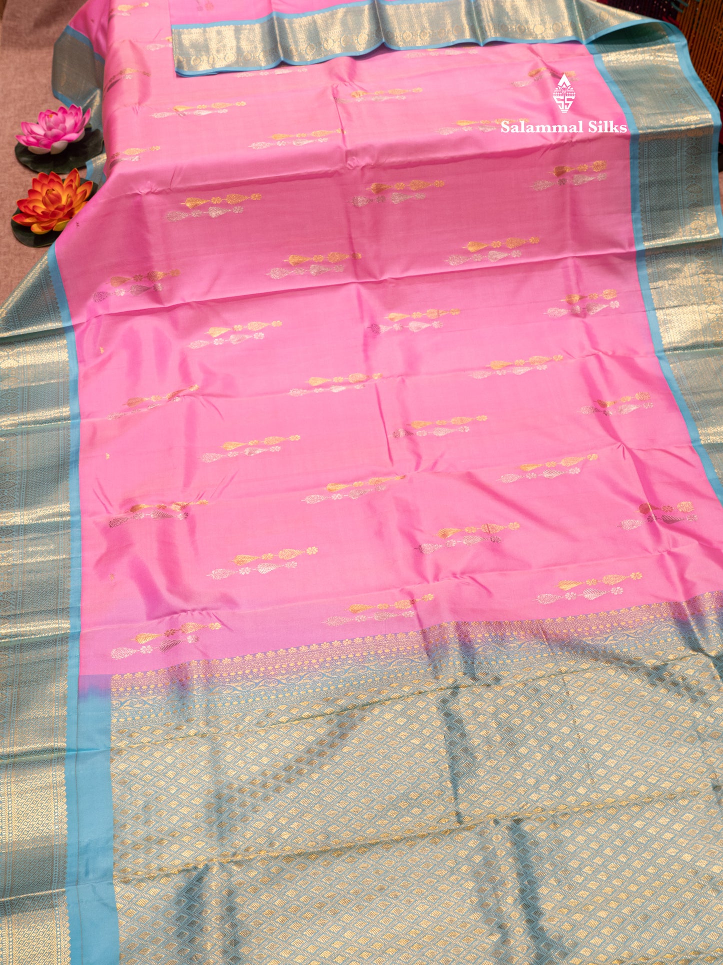 Kanjivaram Beautiful Baby Pink Silver And Gold Zari Buttas Pure Silk Saree With Light Anandha Blue Border