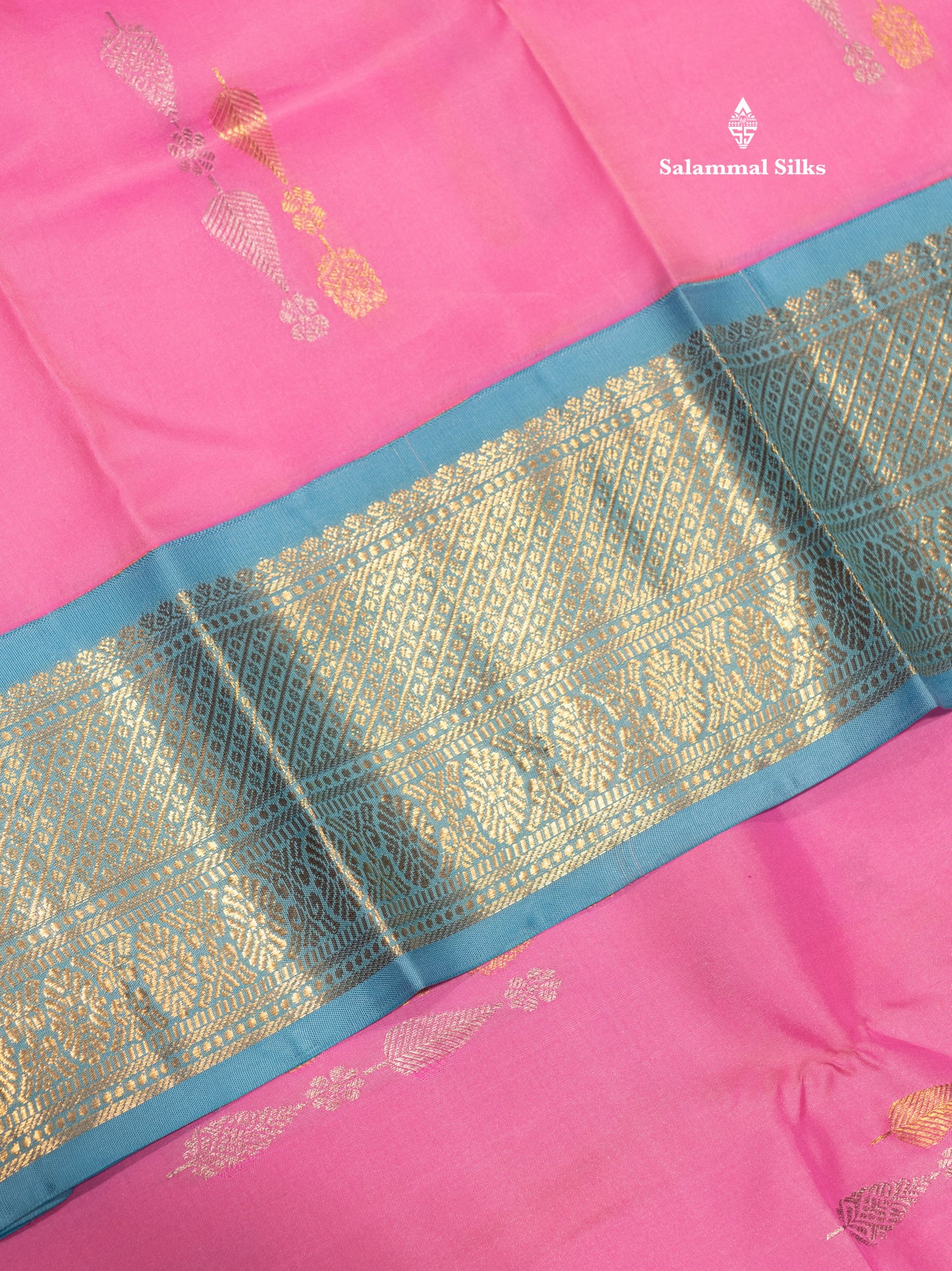 Kanjivaram Beautiful Baby Pink Silver And Gold Zari Buttas Pure Silk Saree With Light Anandha Blue Border