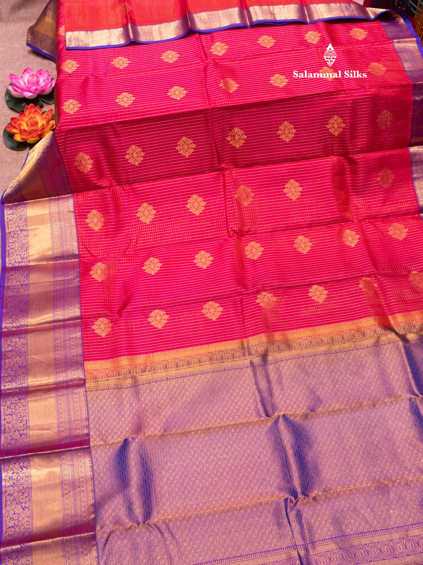 Kanjivaram Beautiful Reddish Pink Pure Silk Saree With Violet Border