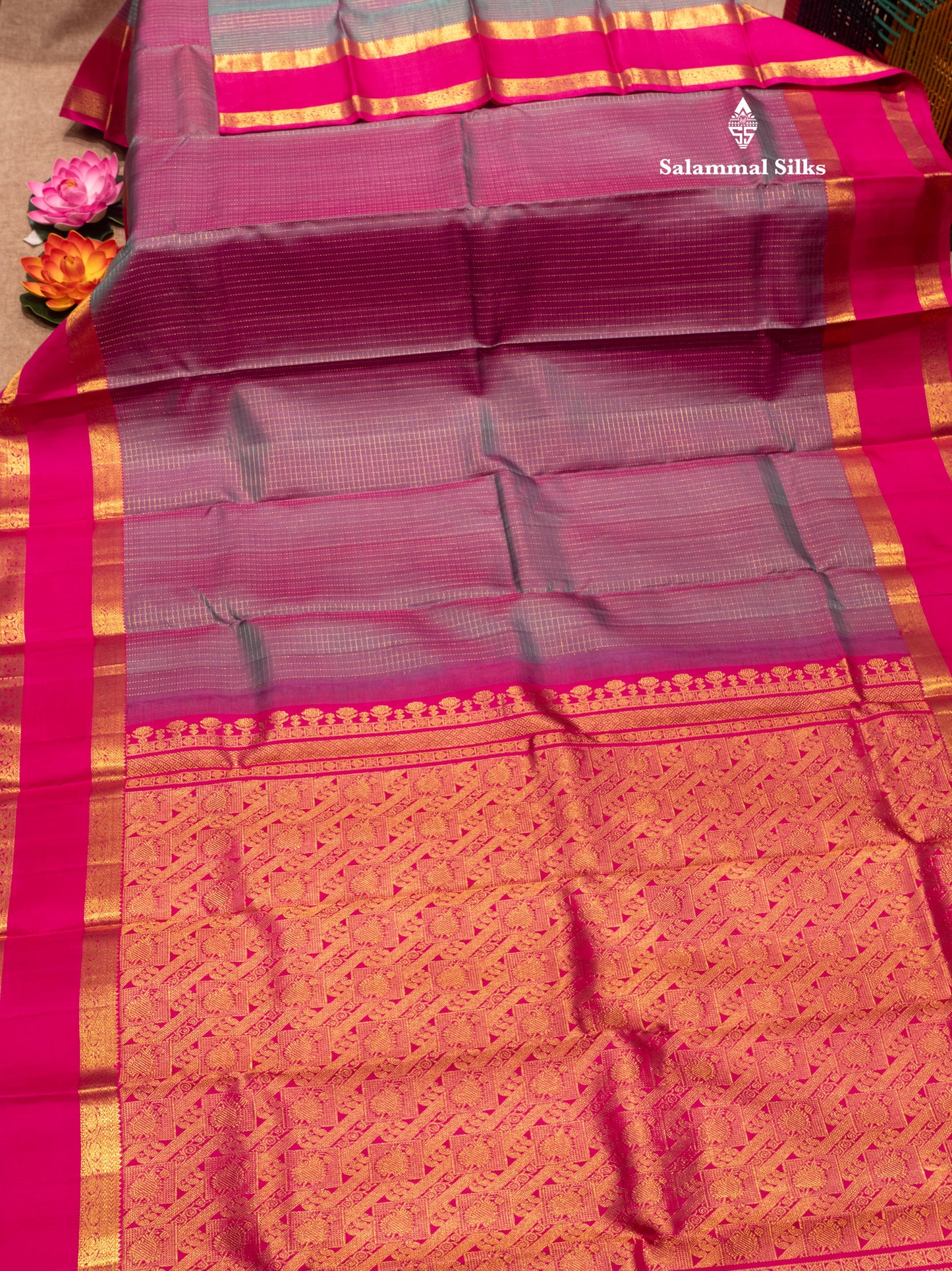 Kanjivaram Beautiful Dualtone Greenish Pink Checks Pure Silk Saree With Pink Gap Border
