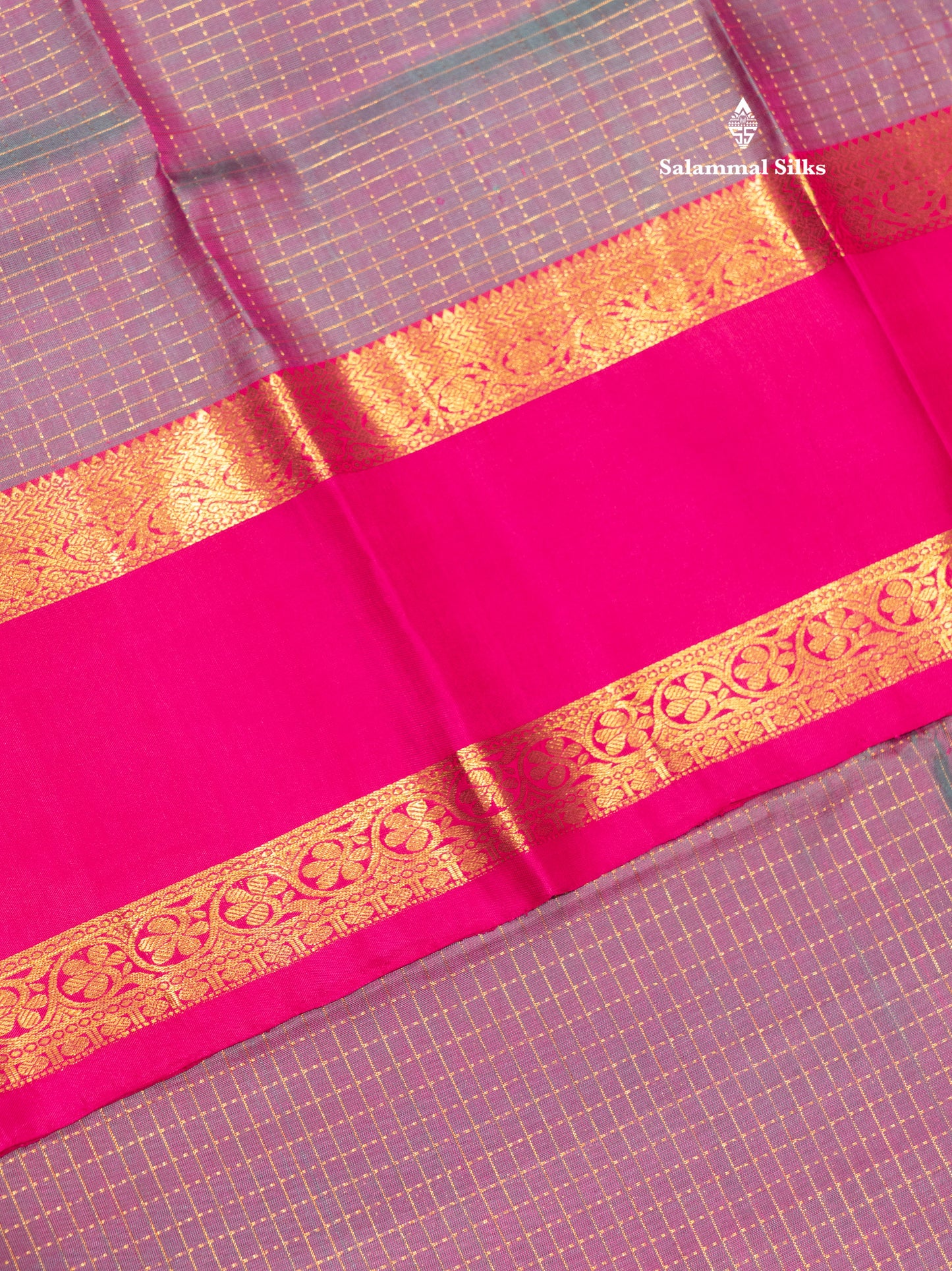 Kanjivaram Beautiful Dualtone Greenish Pink Checks Pure Silk Saree With Pink Gap Border