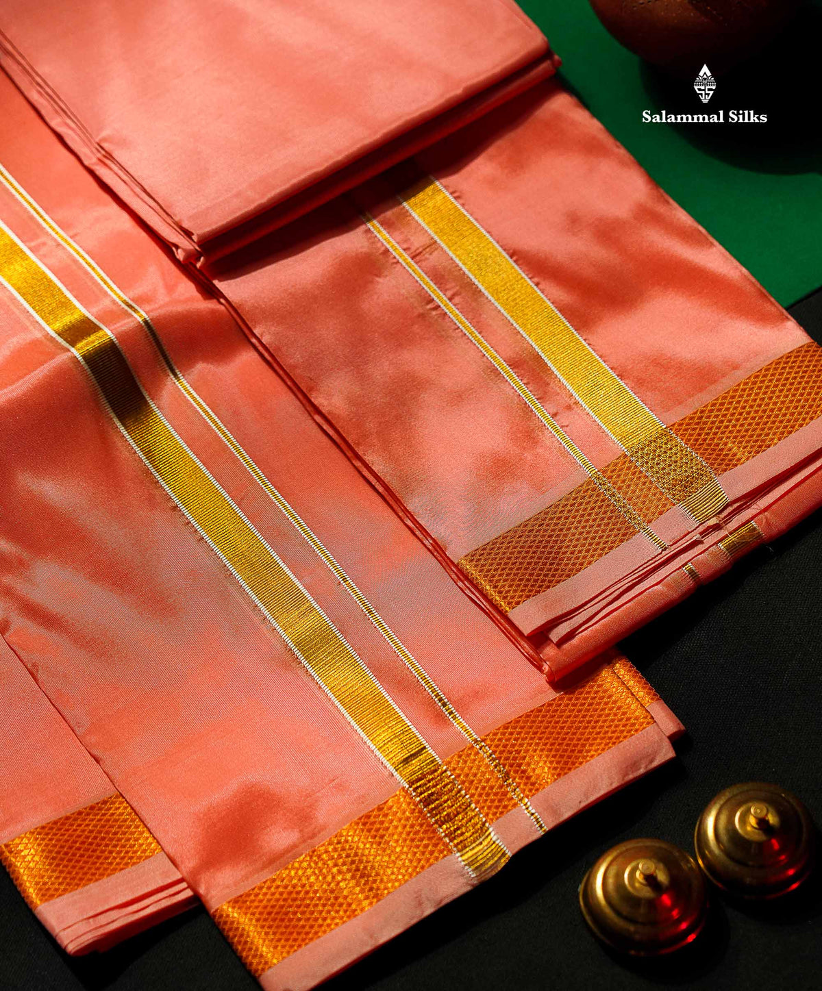 Peach Pink Semi Silk Dhoti, Angavastram & Shirt (2.50M) with Gold Zari Border