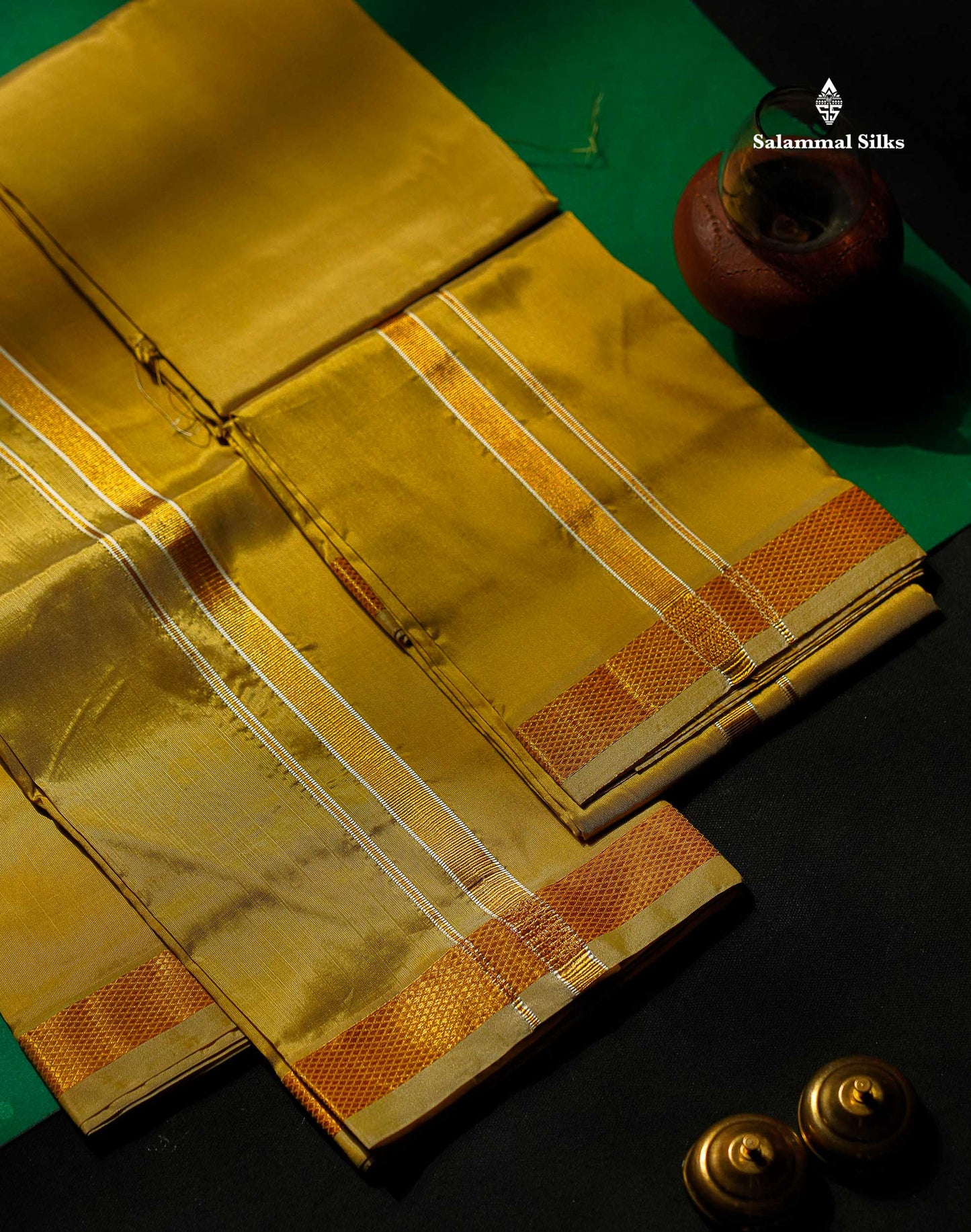 Mustard Gold Puremix Dhoti, Angavastram & Shirt (2.50M) with Gold Zari Border