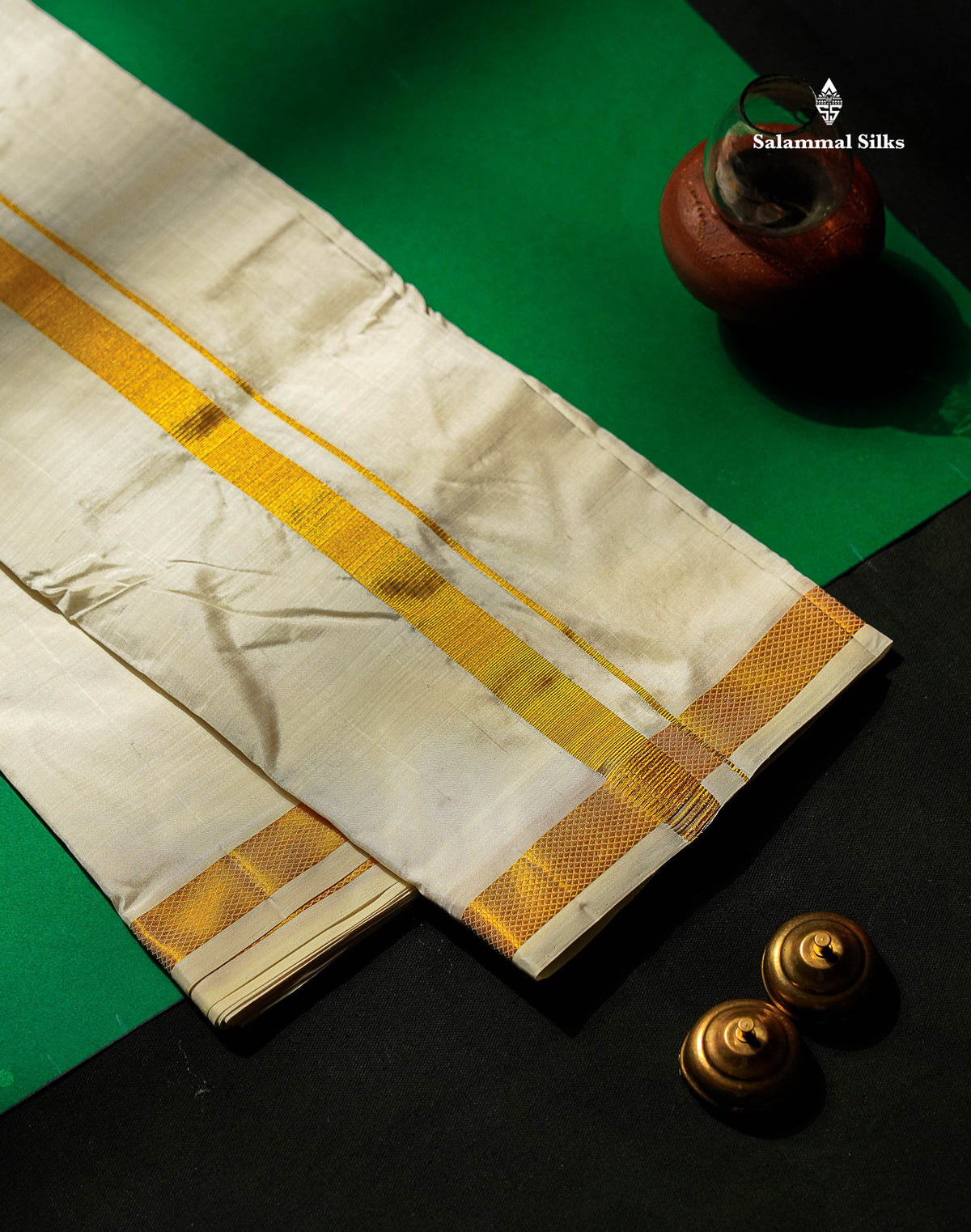 Beautiful Cream White Pure Mix 8 Muzham Dhoti With Gold Zari Border