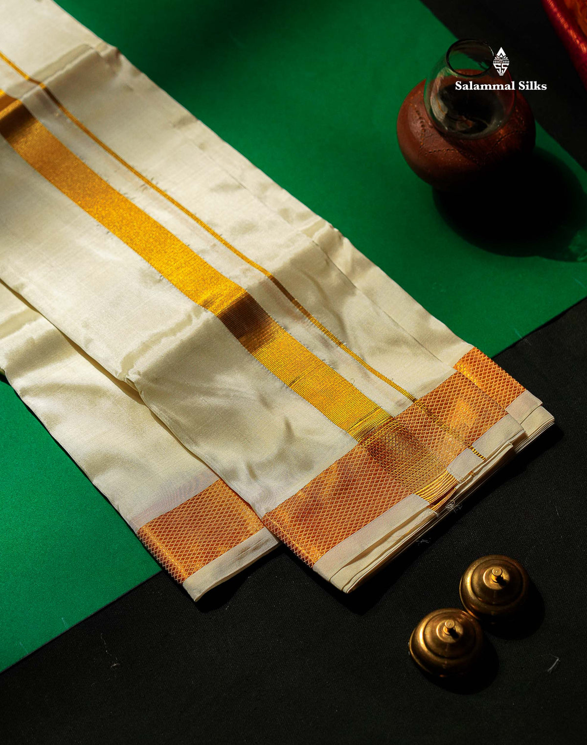 Beautiful Cream White Asha Mix (8x4)Dhoti With Gold Zari Border