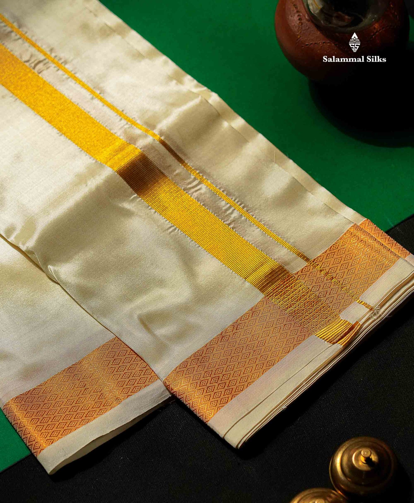 Pure Mix Dhoti - Cream White With Gold Zari Border | 8 Muzham