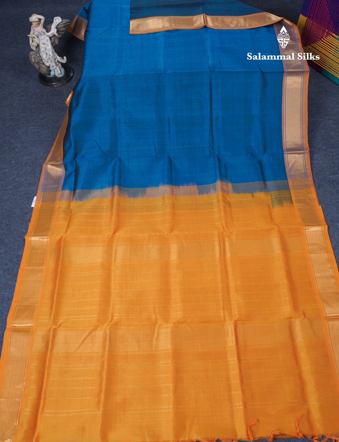 Ramar Blue Plain Pure Silk Cotton Saree With Contrast Mustard Yellow Blouse