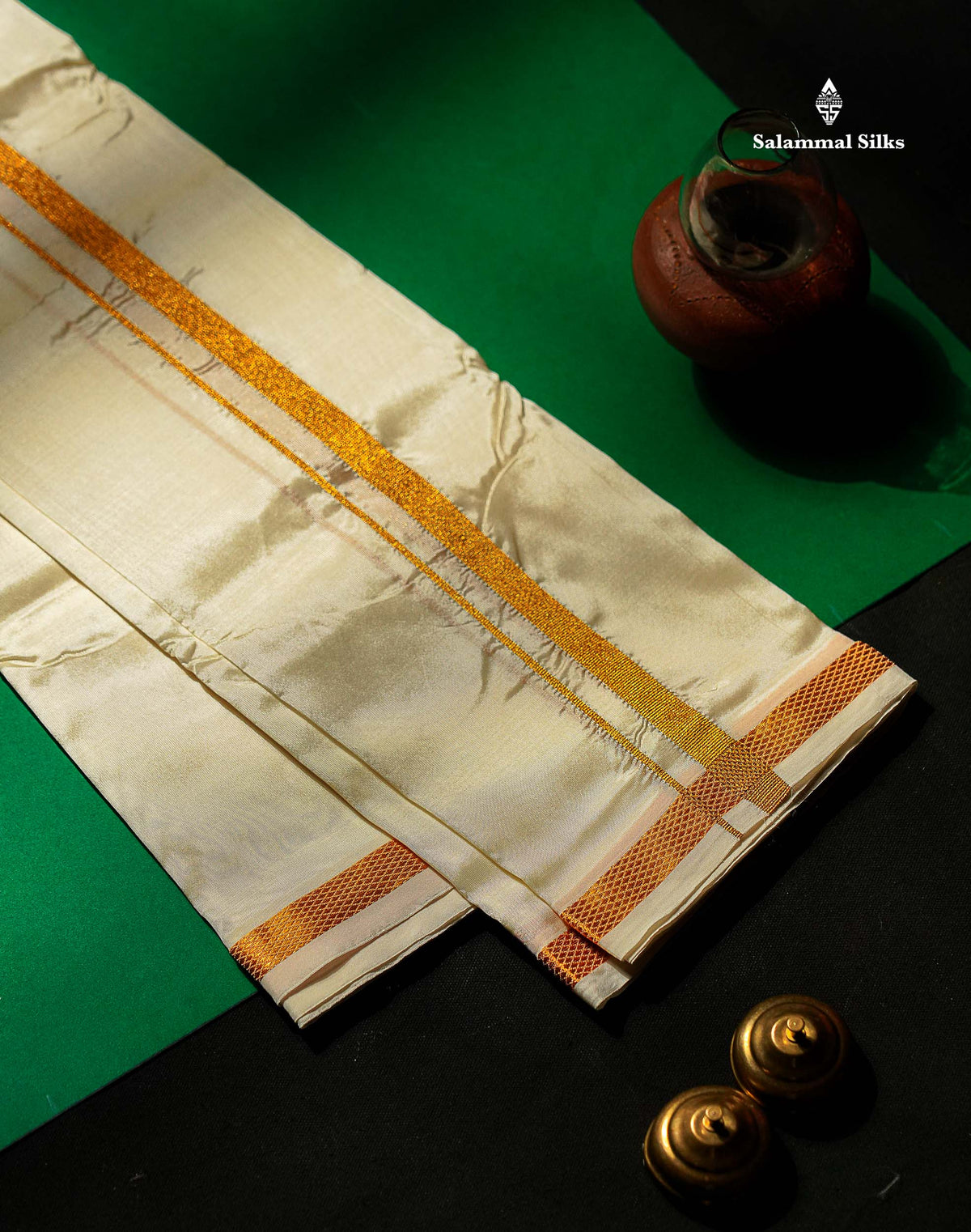Beautiful Cream White Asha Mix 8 Muzham Dhoti With Gold Zari Border