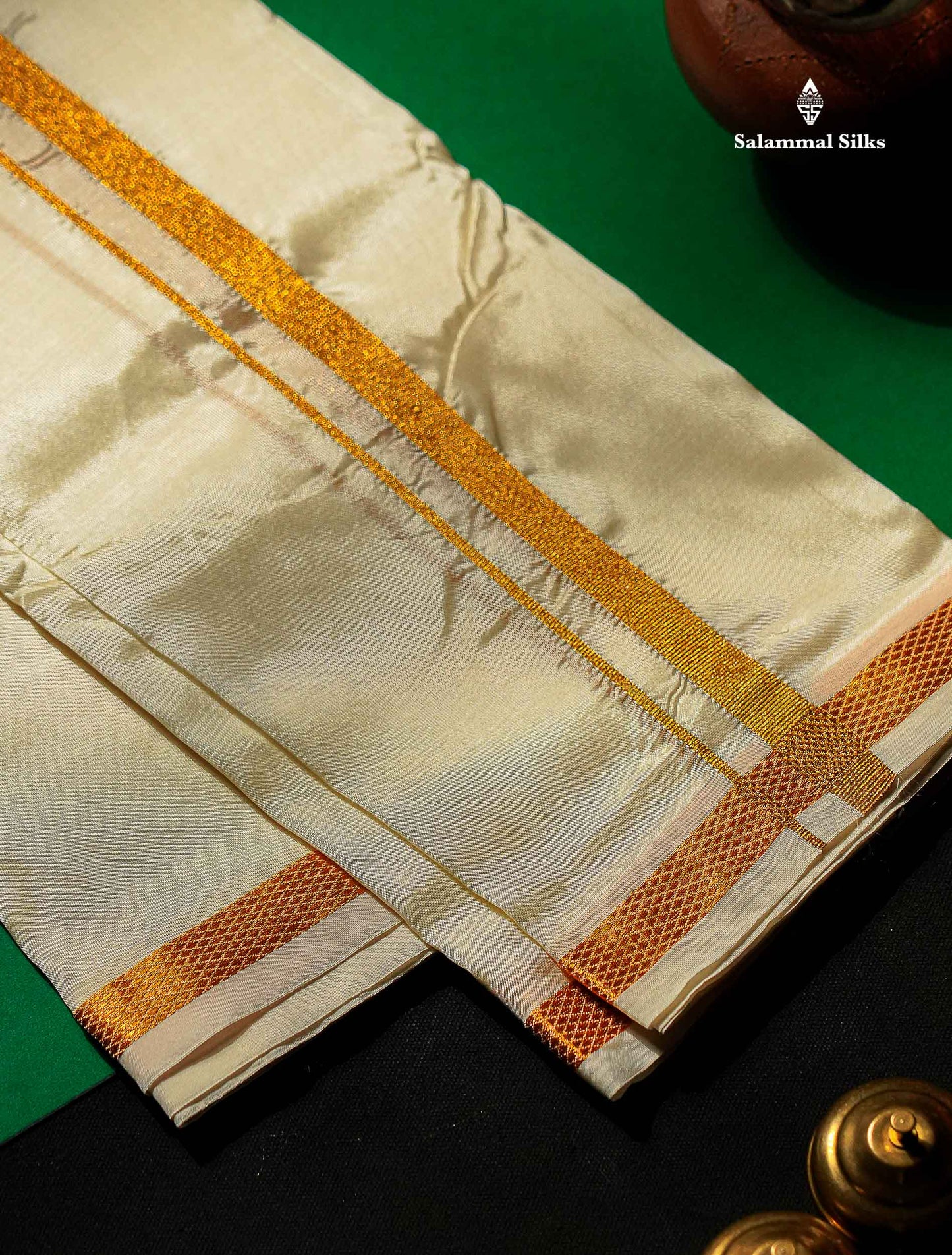 Asha Mix Dhoti With Angavastram - Cream White With Gold Zari Border | 8×4