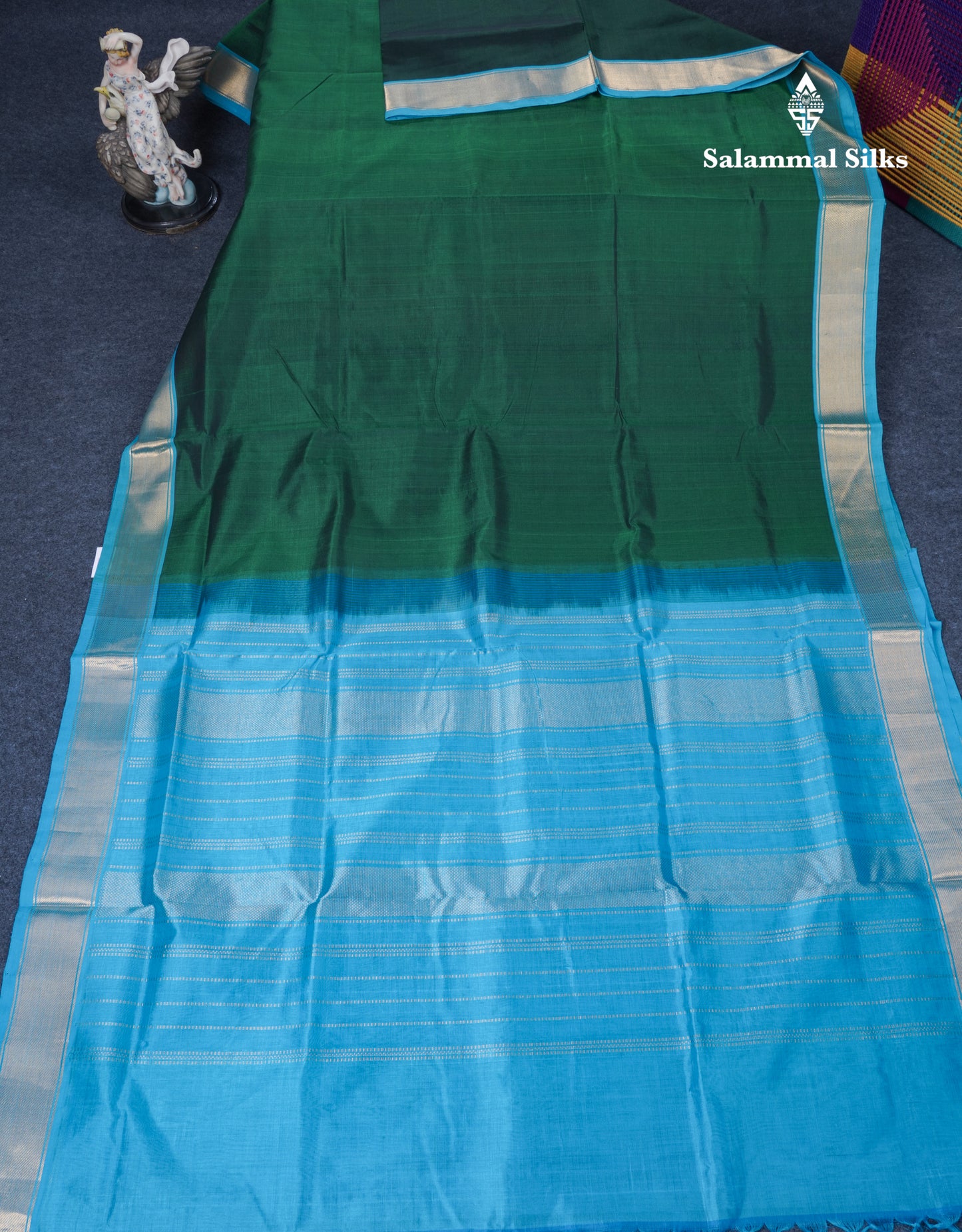 Bottle Green Plain Pure Silk Cotton Saree With Contrast Sky Blue Blouse