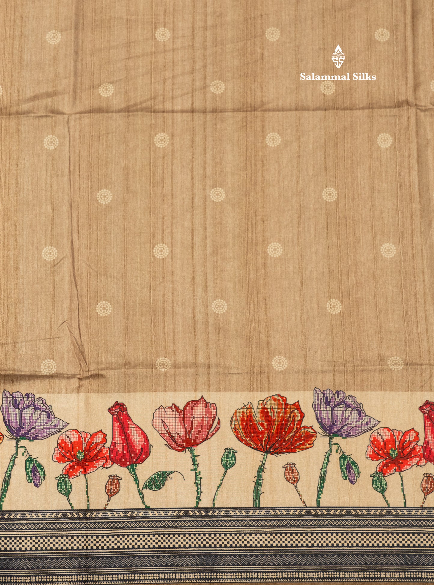 Grey Colour Printed Semi Tussar Saree With Fancy Border