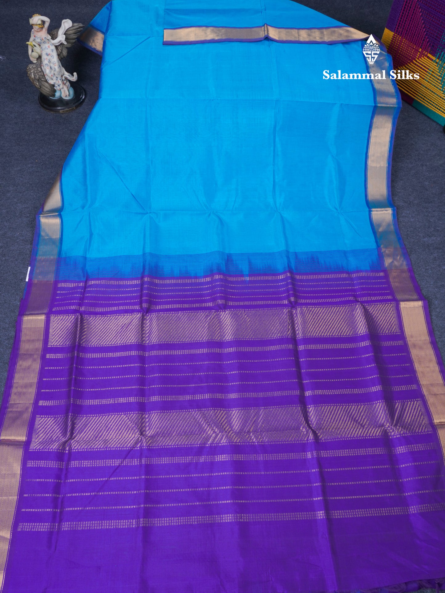 Aanada Blue Plain Pure Silk Cotton Saree With Contrast Violet Blouse