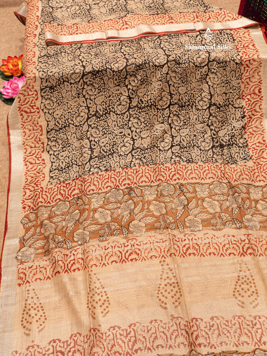 Black Colour Printed Pure Cotton Saree With Small Silver Zari Border