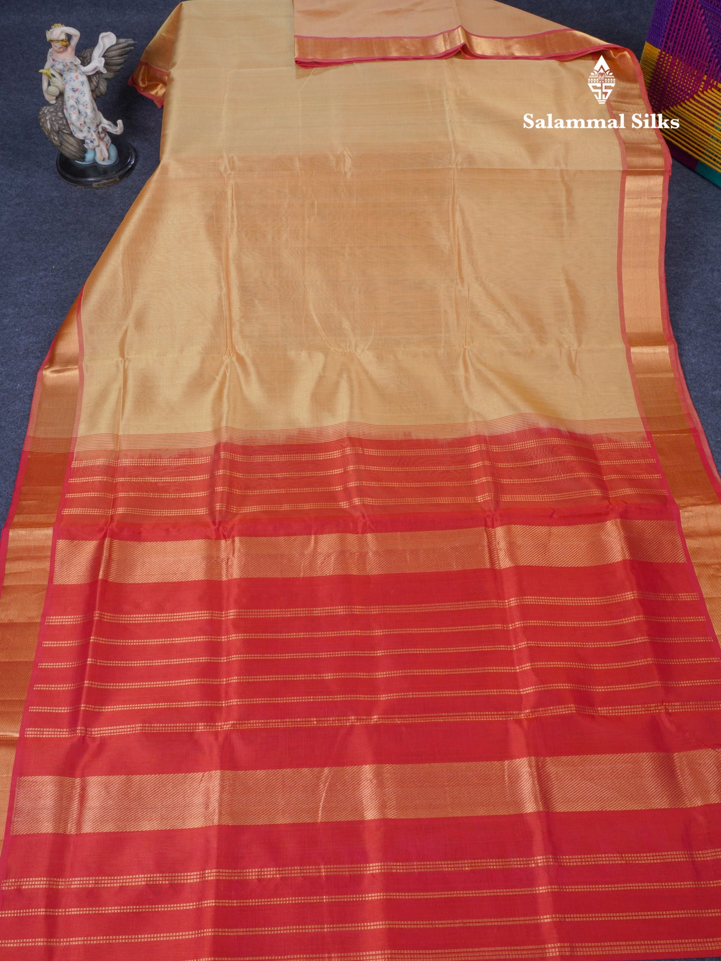 Sandal Plain Pure Silk Cotton Saree With Contrast Red Blouse
