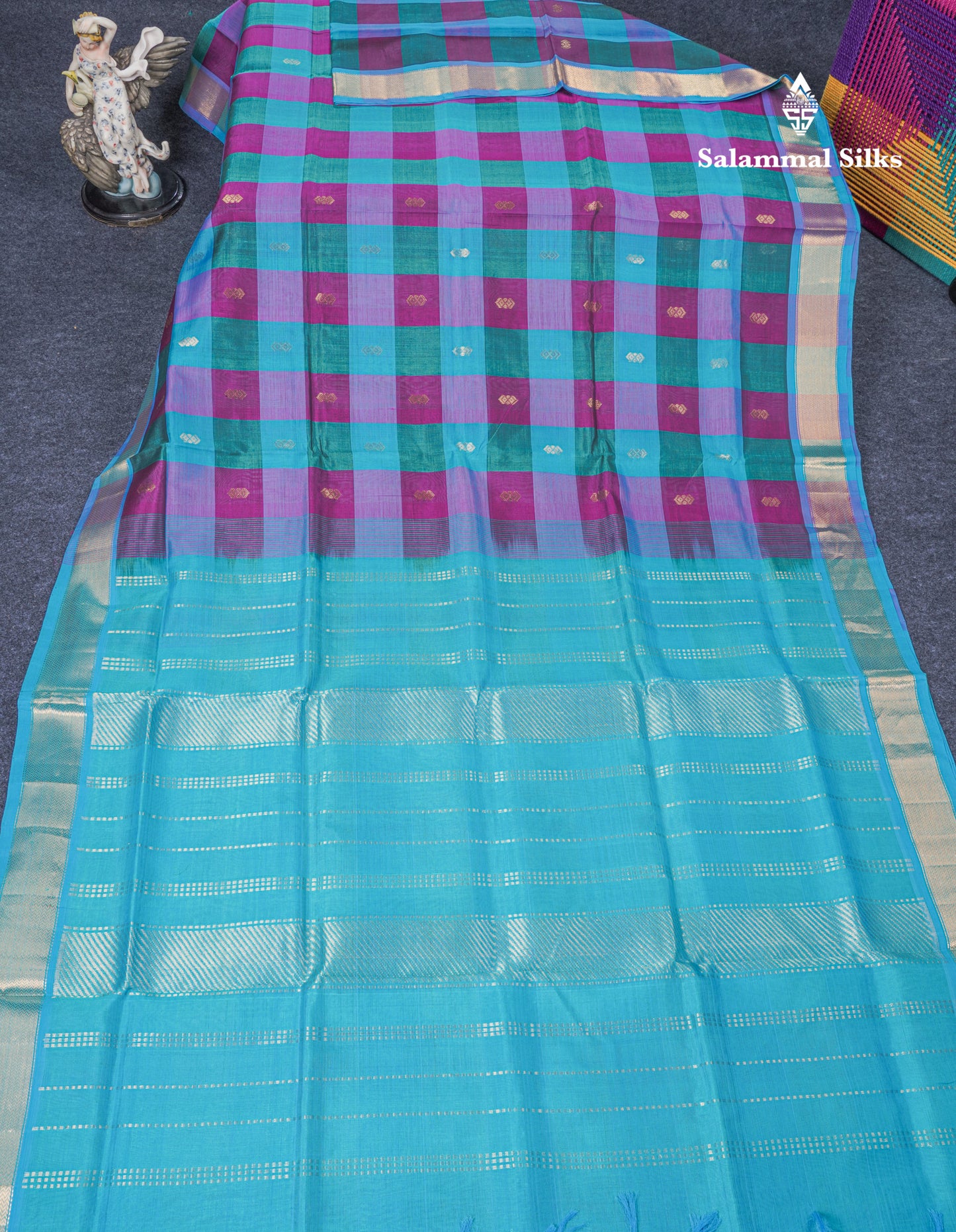 Beautiful Paalum Pazham Checks Pure Silk Cotton Saree With Contrast Sapphire Blue Blouse