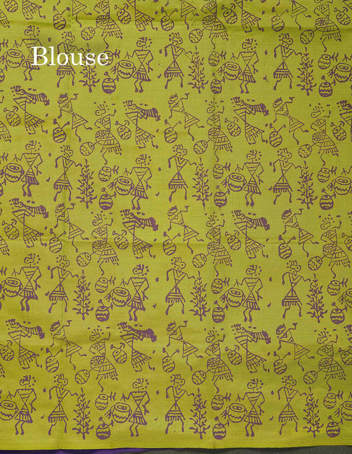 South Cotton Saree - Violet Colour Body Printed With Contrast Parrot Green Blouse