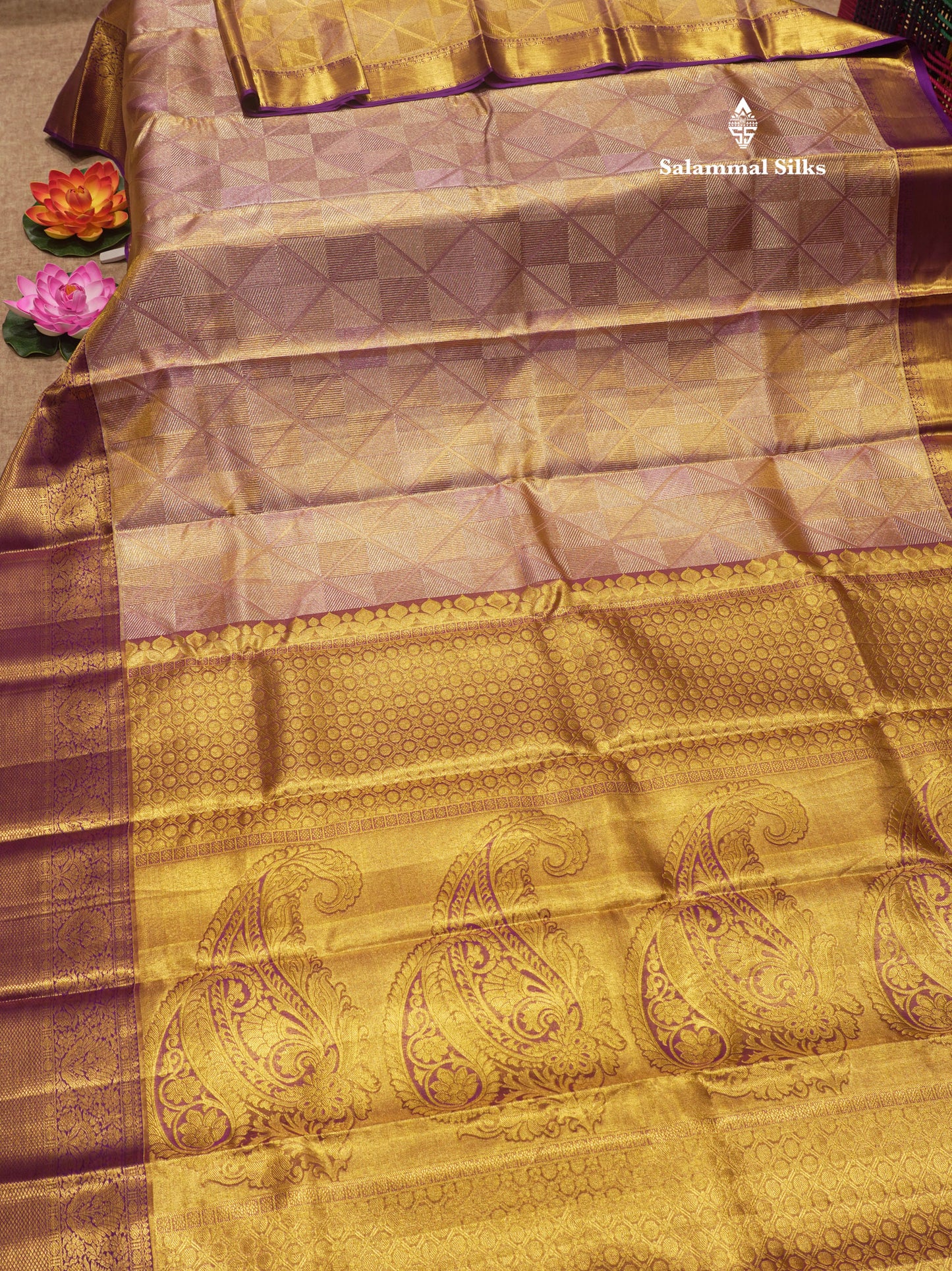 Copper Colour Tissue Pure Kanjivaram Silk Saree With Contrast Violet Border