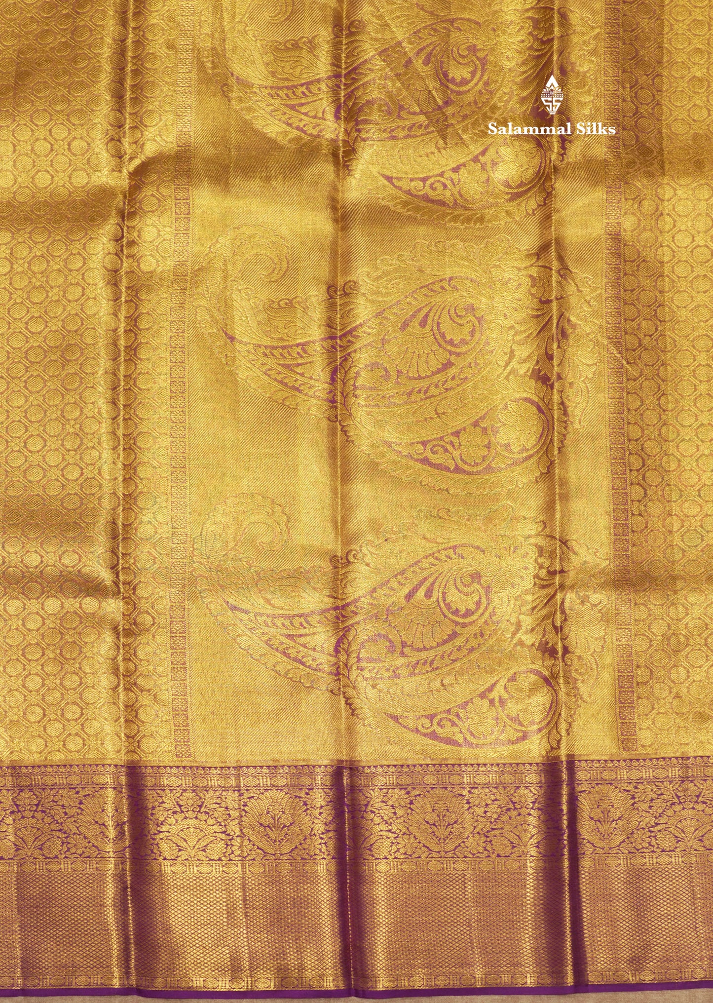 Copper Colour Tissue Pure Kanjivaram Silk Saree With Contrast Violet Border