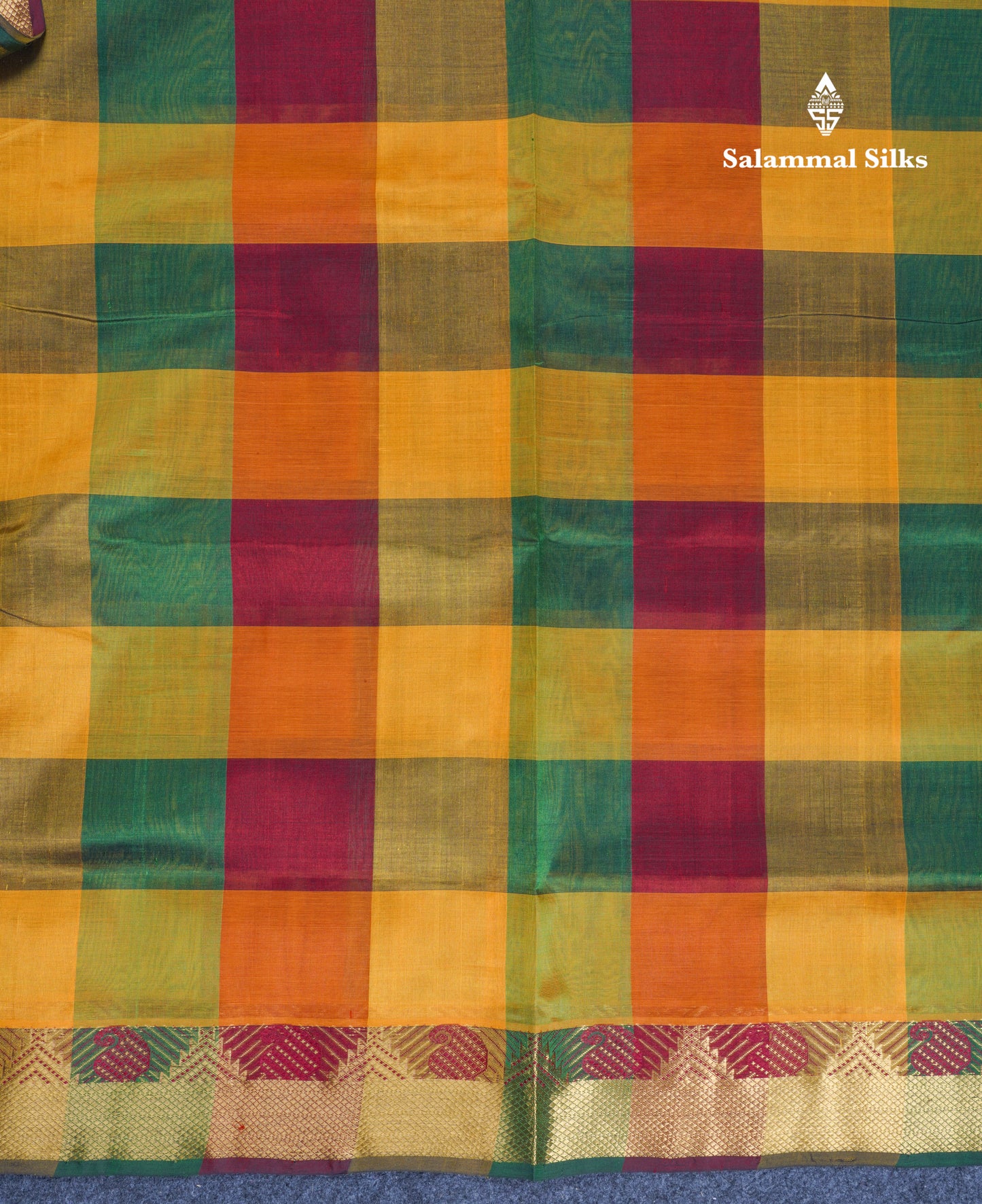 Beautiful Paalum Pazham Checks Pure Silk Cotton Saree With Contrast Bottle Green Blouse