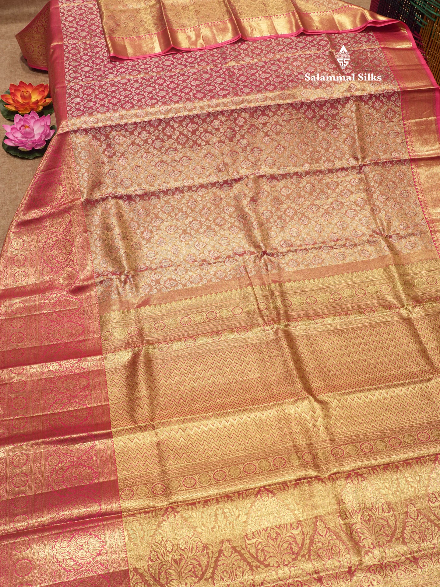 Light Pink Colour Tissue Pure Kanjivaram Silk Saree With Long Gold Zari Border