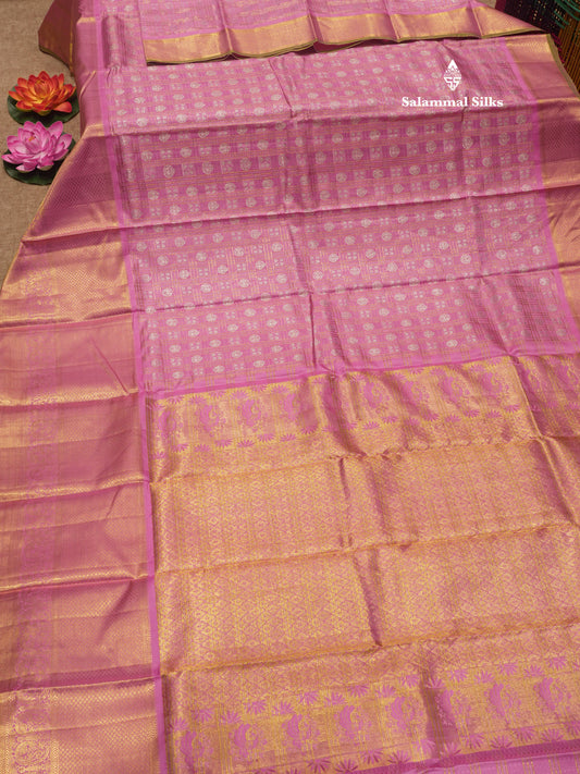 Light Pink Colour Zari Checks Pure Kanjivaram Silk Saree With Long Gold Zari Border