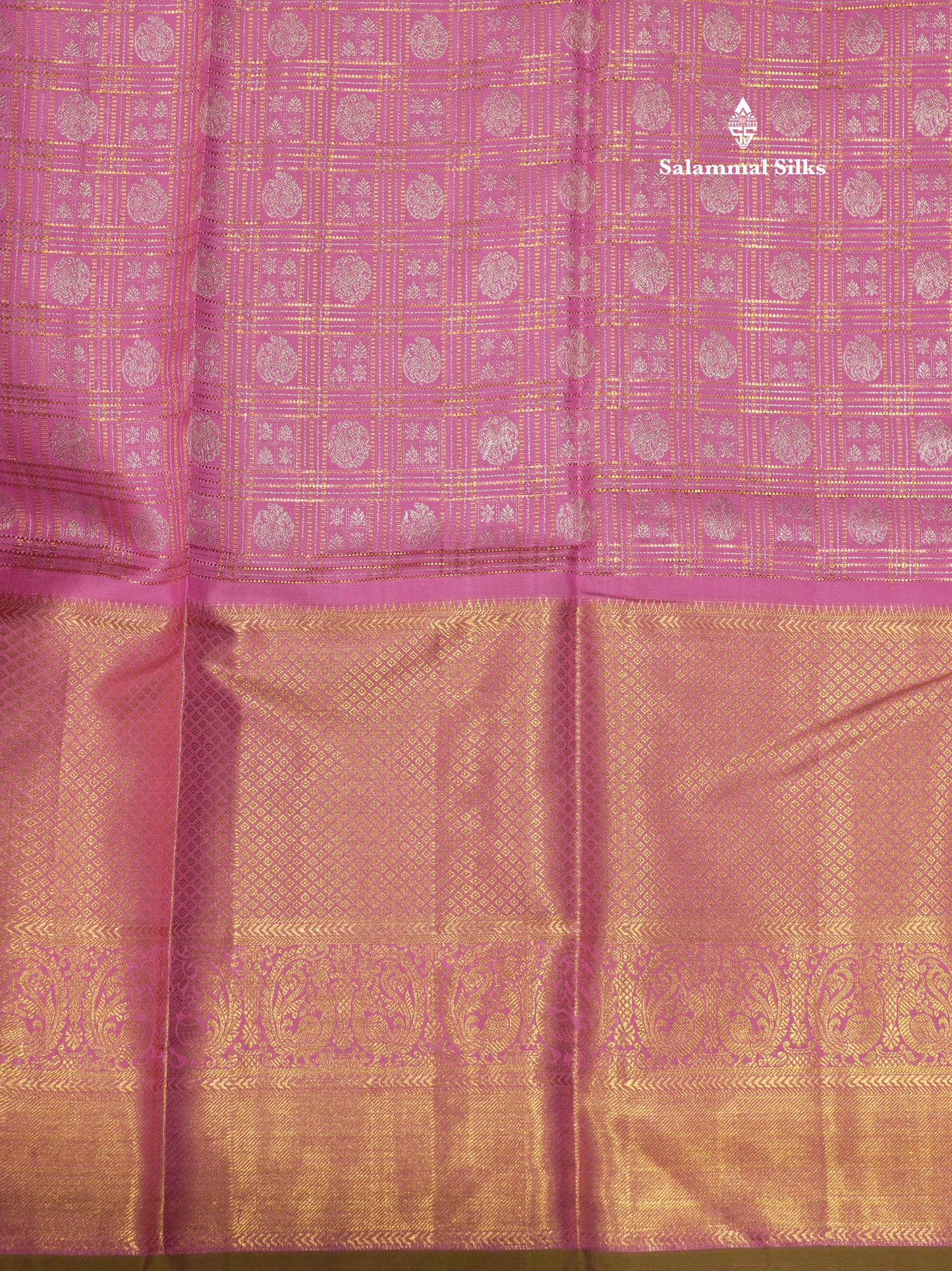 Light Pink Colour Zari Checks Pure Kanjivaram Silk Saree With Long Gold Zari Border