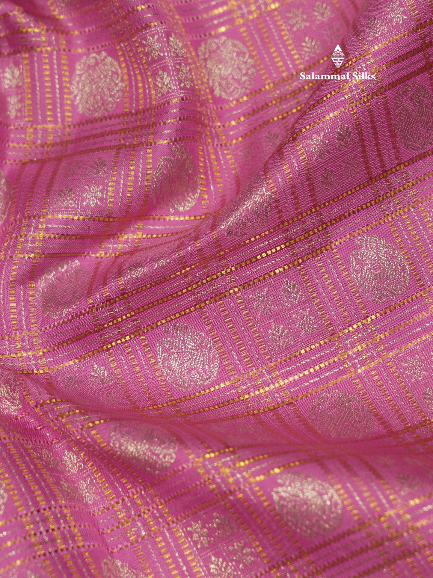 Light Pink Colour Zari Checks Pure Kanjivaram Silk Saree With Long Gold Zari Border