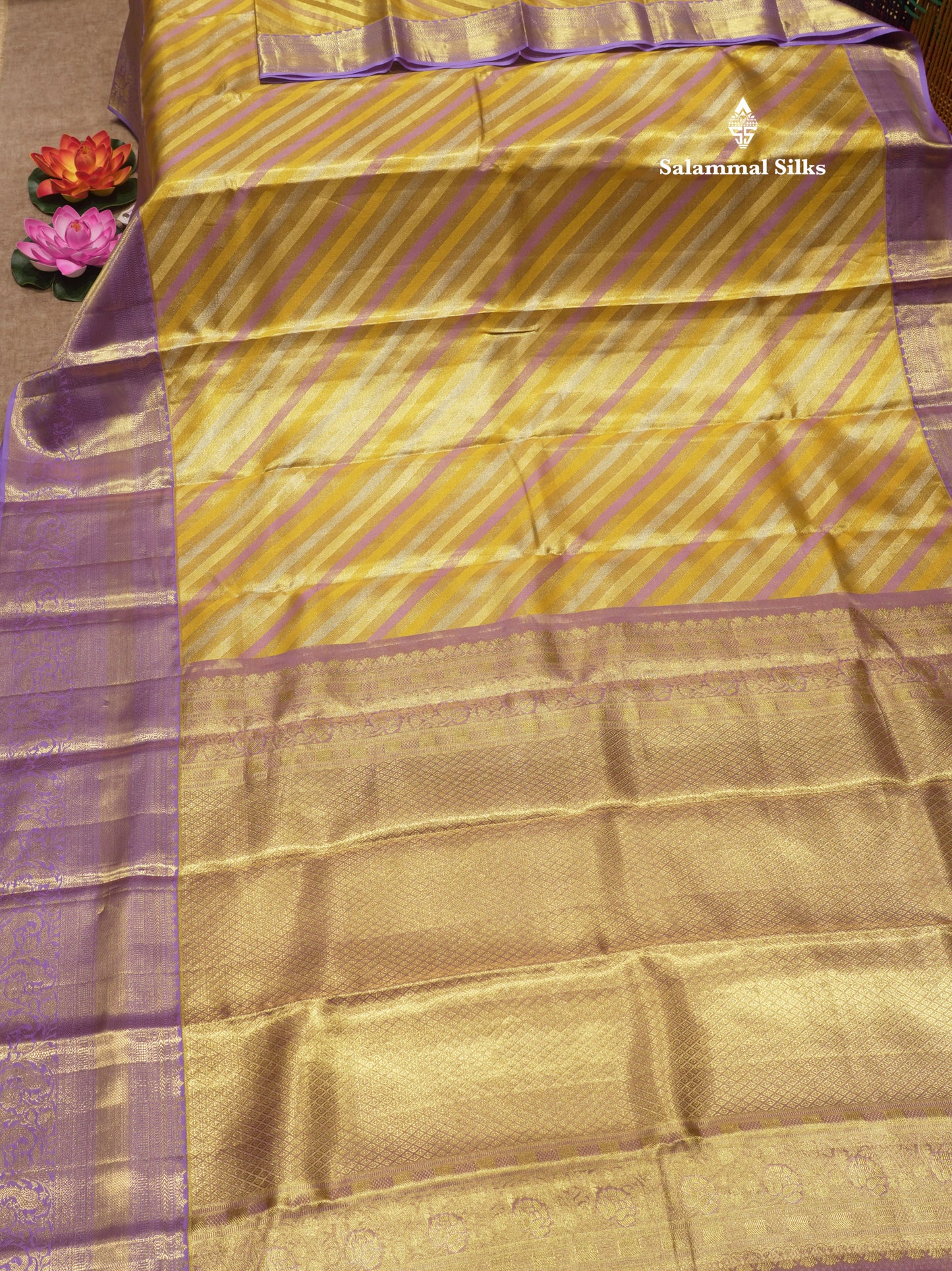 Gold Colour Tissue Pure Kanjivaram Silk Saree With Contrast Lavender Border