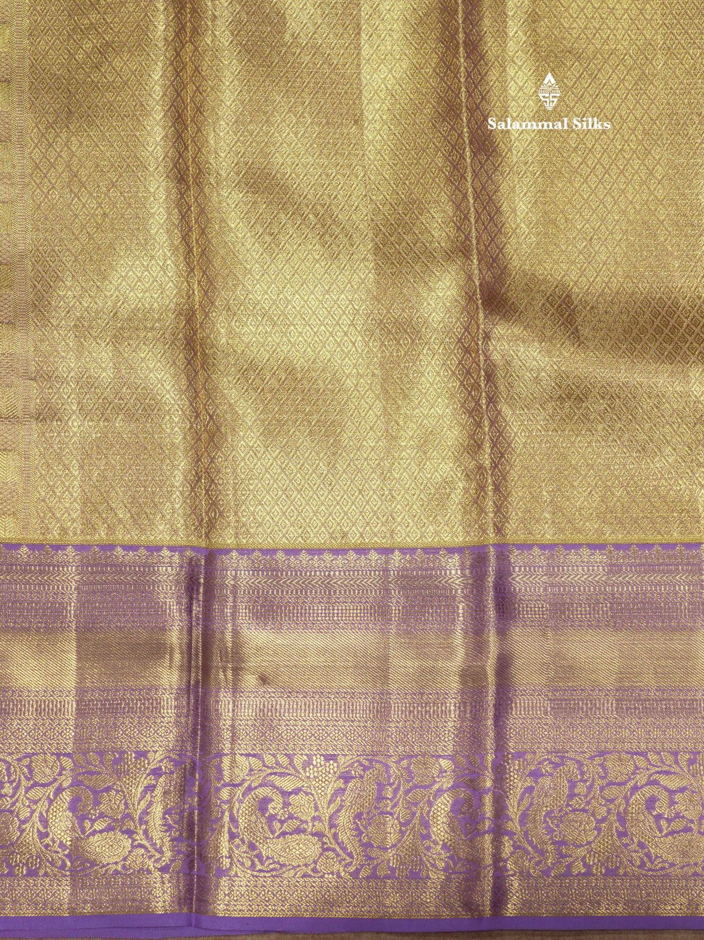Gold Colour Tissue Pure Kanjivaram Silk Saree With Contrast Lavender Border