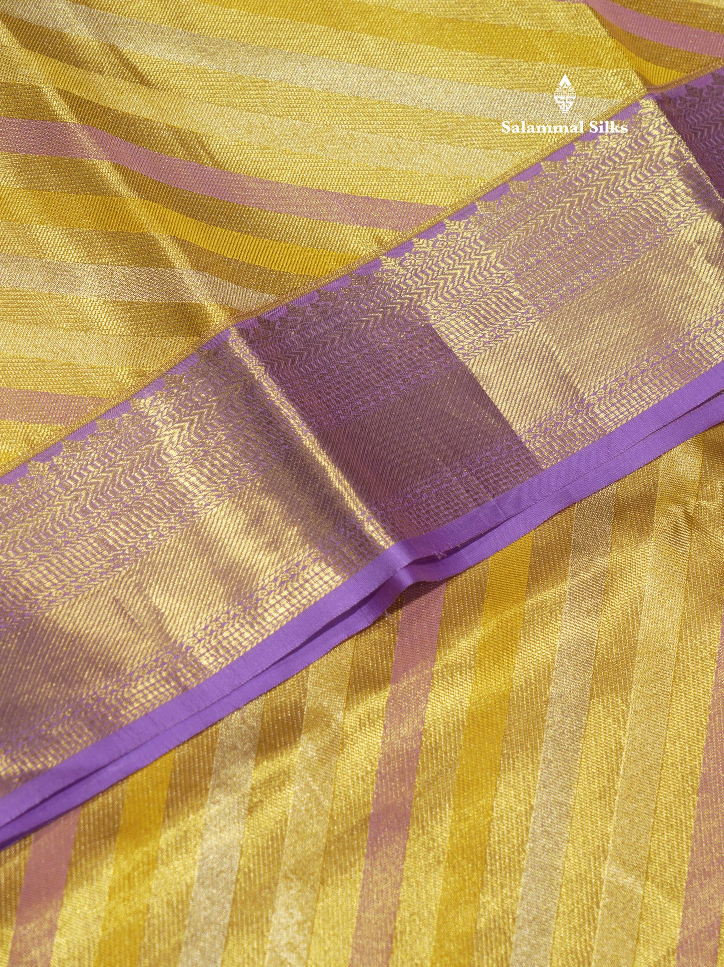 Gold Colour Tissue Pure Kanjivaram Silk Saree With Contrast Lavender Border