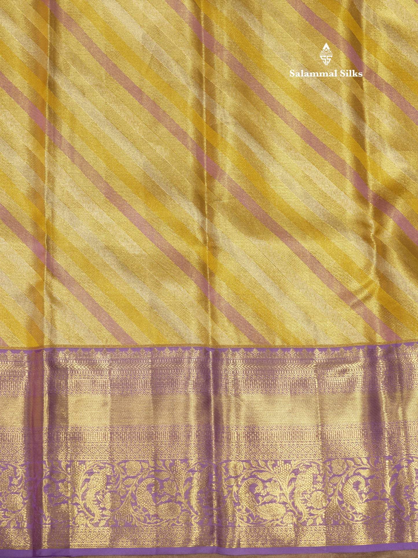Gold Colour Tissue Pure Kanjivaram Silk Saree With Contrast Lavender Border