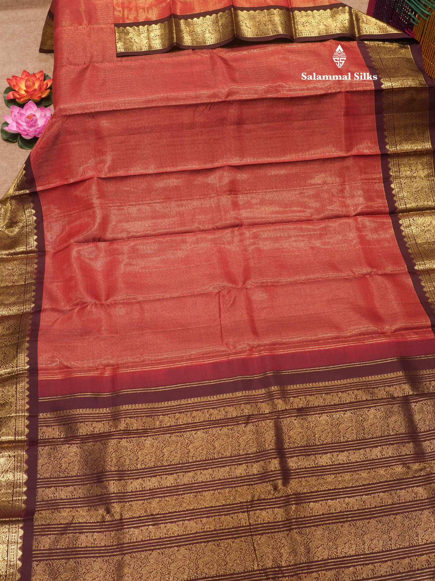 2G Pure Kanjivaram Silk Saree Rust orange Tiny Zari Checks body With Contrast Dark Brown Border