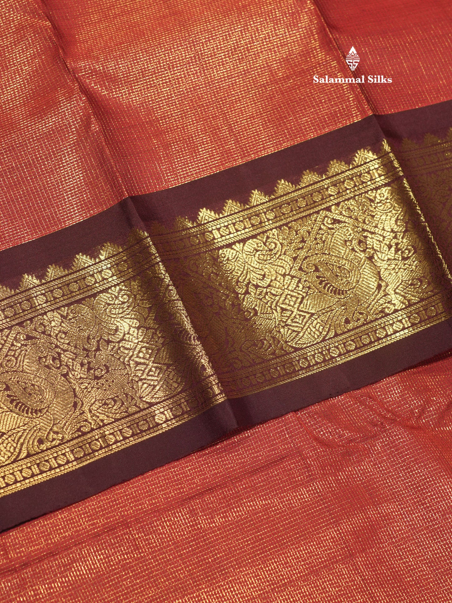 2G Pure Kanjivaram Silk Saree Rust orange Tiny Zari Checks body With Contrast Dark Brown Border