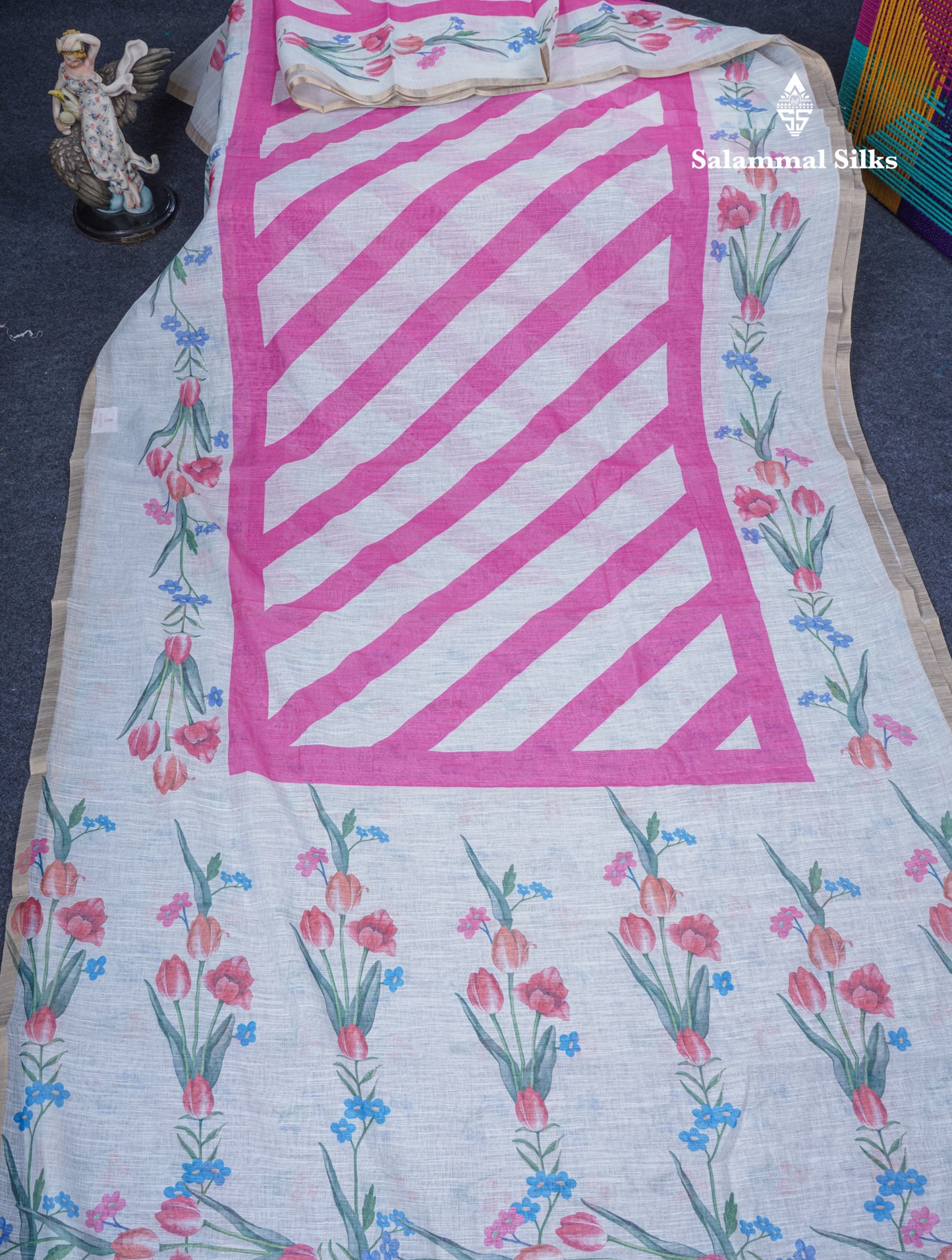 Beautiful Half White (Mustard Yellow) Linen Mix Saree With Floral Print Small Ribbon Border