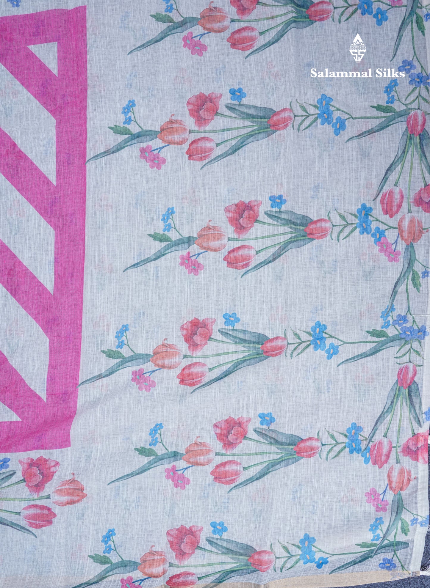Beautiful Half White (Mustard Yellow) Linen Mix Saree With Floral Print Small Ribbon Border