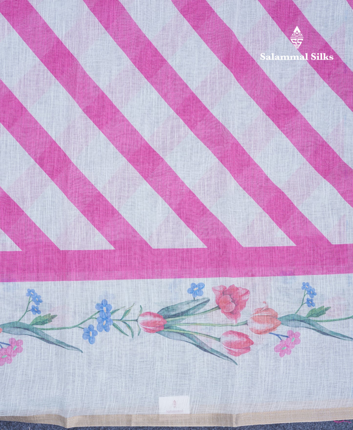 Beautiful Half White (Mustard Yellow) Linen Mix Saree With Floral Print Small Ribbon Border