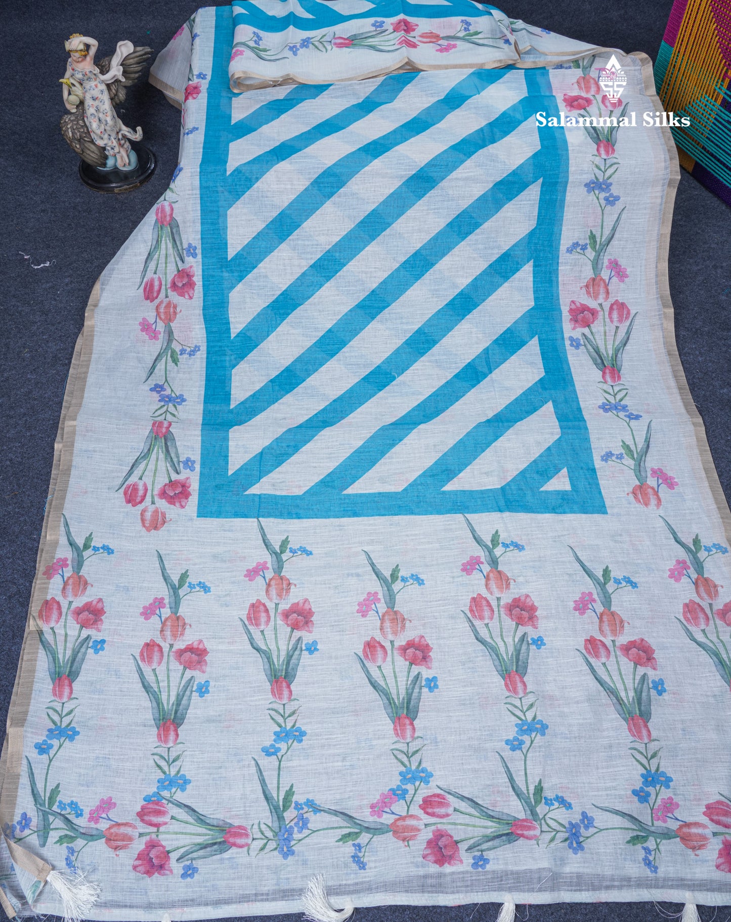 Beautiful Half White (Mustard Yellow) Linen Mix Saree With Floral Print Small Ribbon Border