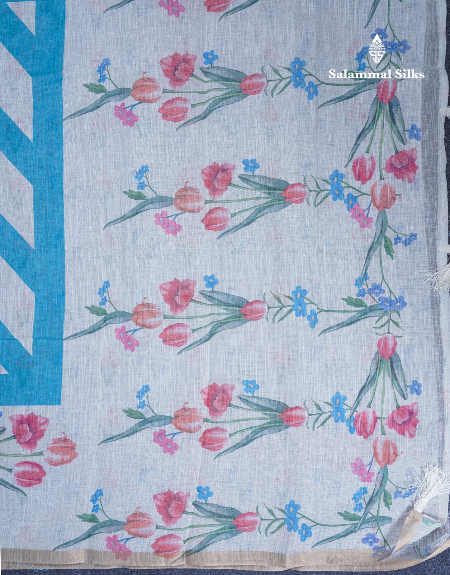 Beautiful Half White (Mustard Yellow) Linen Mix Saree With Floral Print Small Ribbon Border