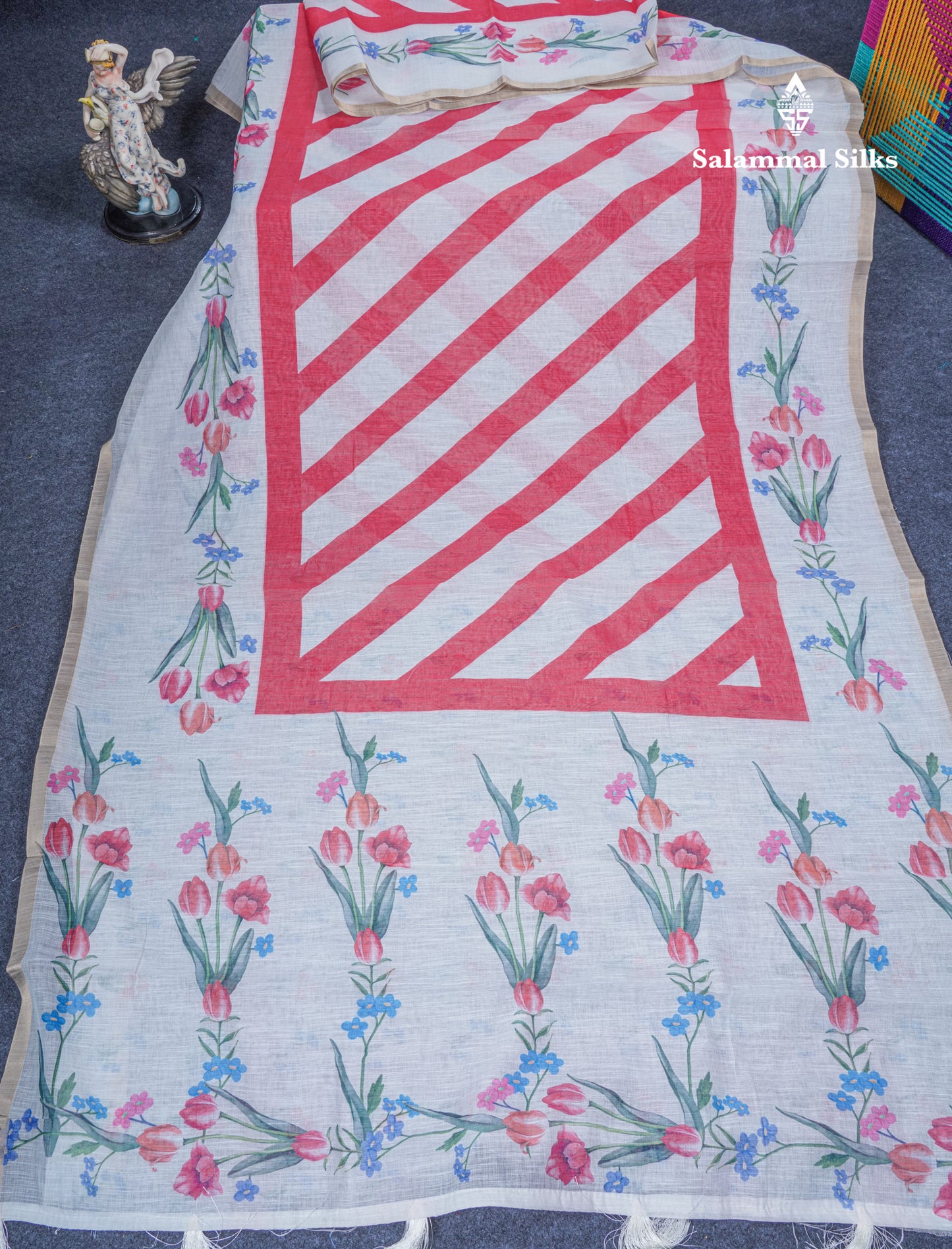 Beautiful Half White (Mustard Yellow) Linen Mix Saree With Floral Print Small Ribbon Border
