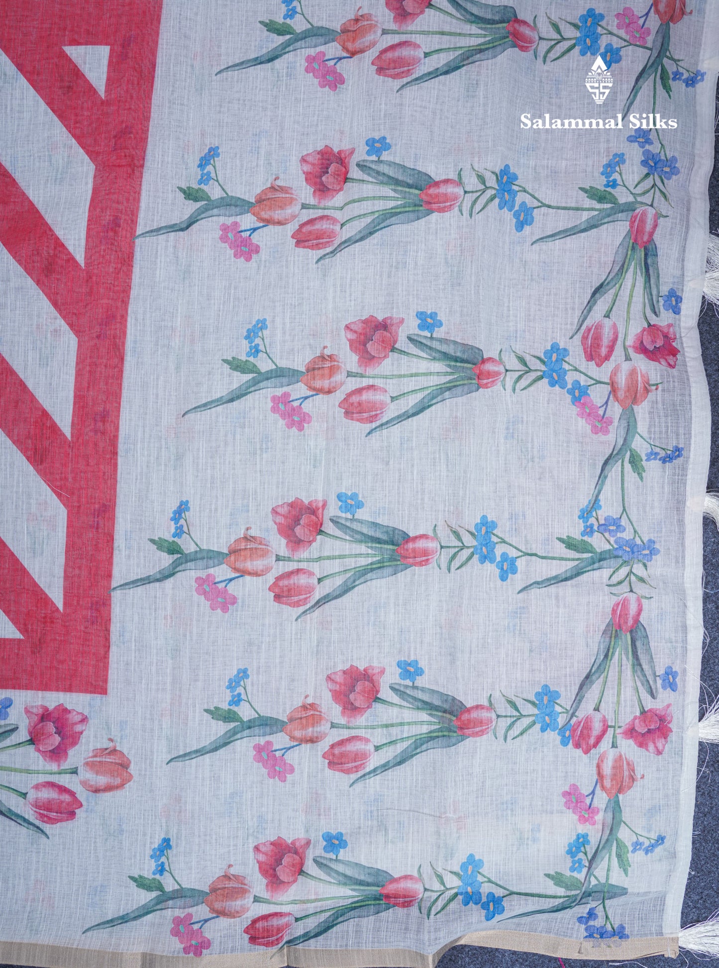 Beautiful Half White (Mustard Yellow) Linen Mix Saree With Floral Print Small Ribbon Border
