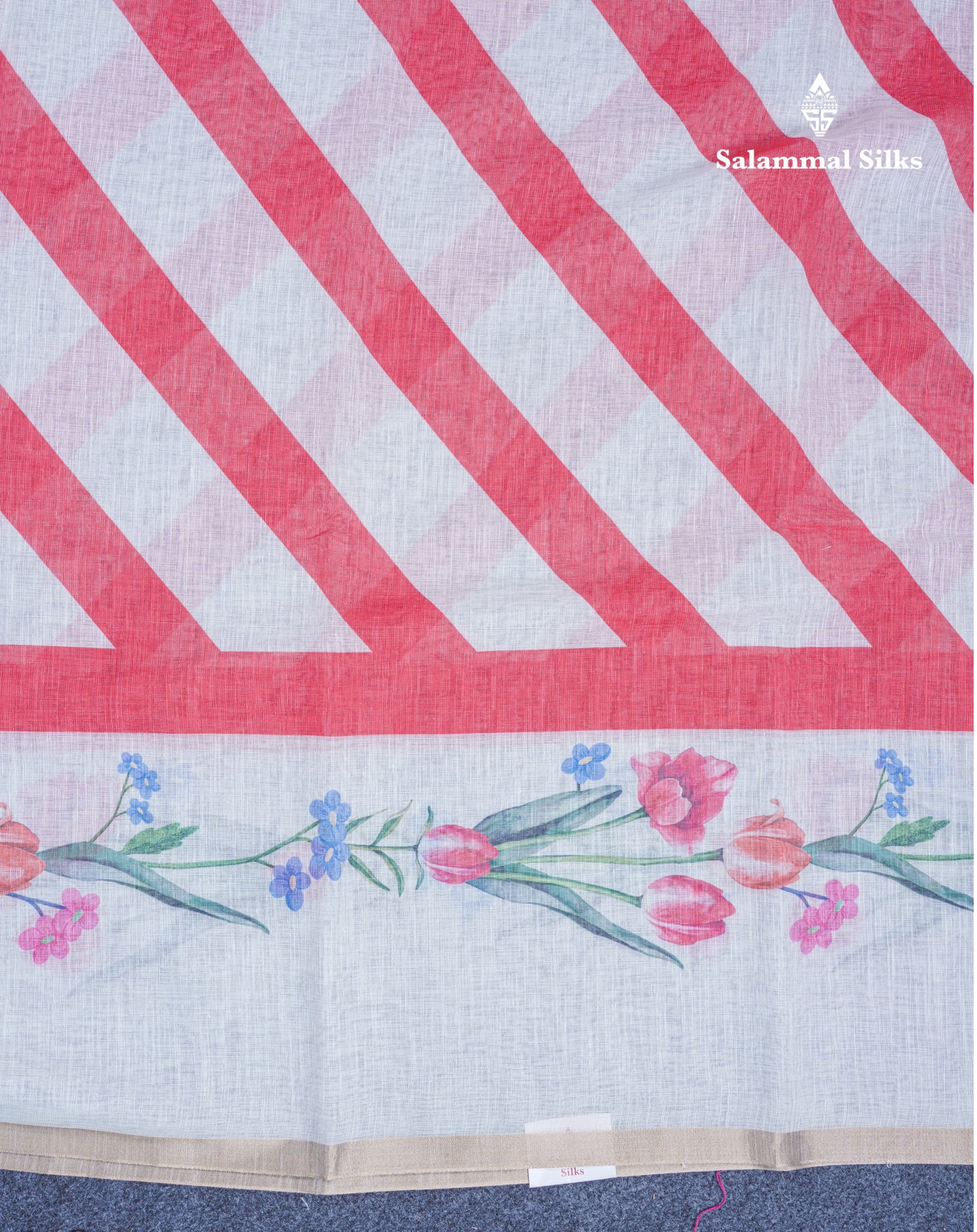 Beautiful Half White (Mustard Yellow) Linen Mix Saree With Floral Print Small Ribbon Border