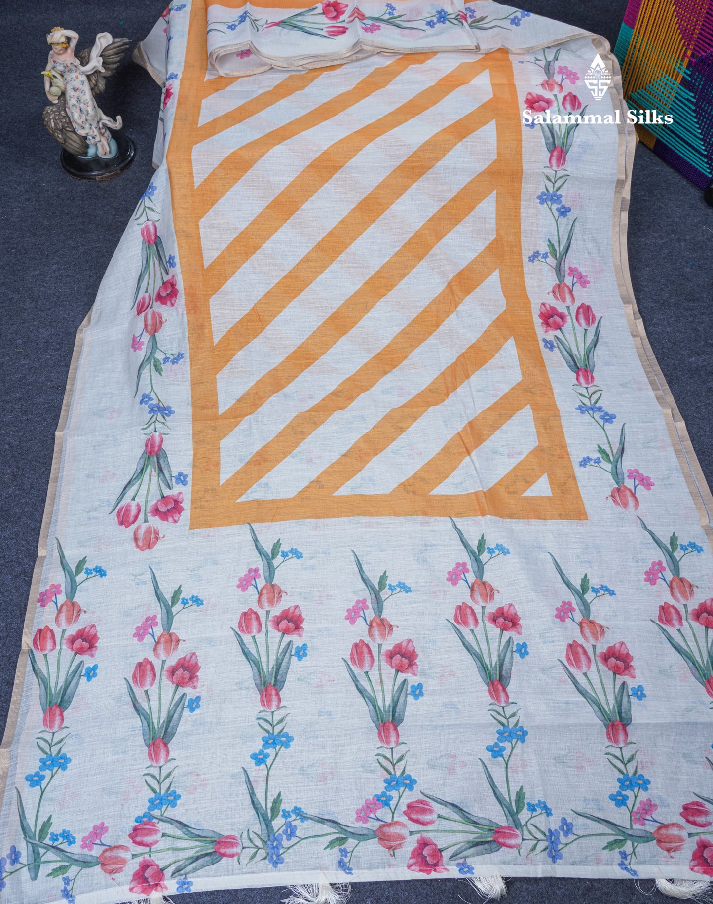 Beautiful Half White (Mustard Yellow) Linen Mix Saree With Floral Print Small Ribbon Border