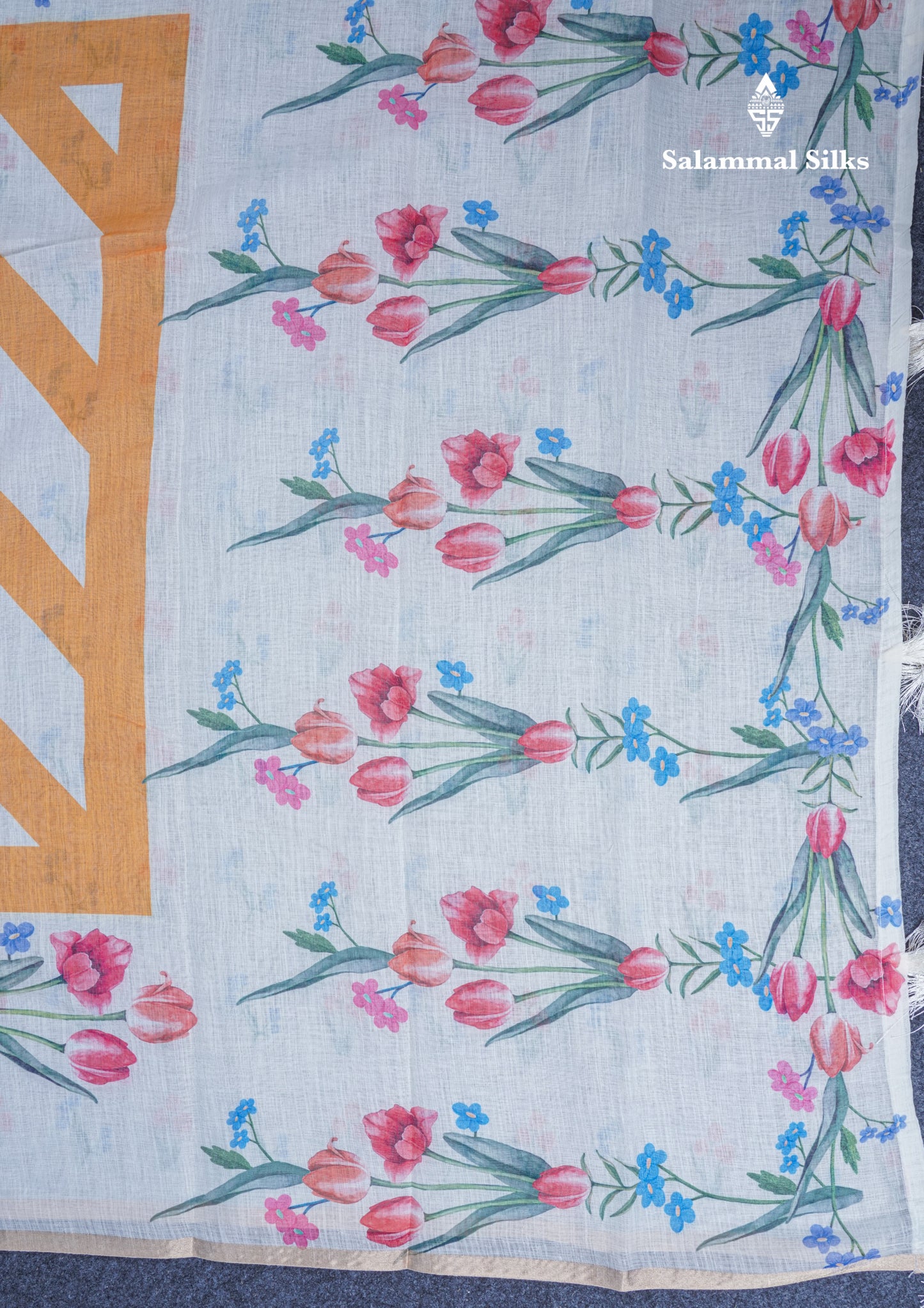 Beautiful Half White (Mustard Yellow) Linen Mix Saree With Floral Print Small Ribbon Border
