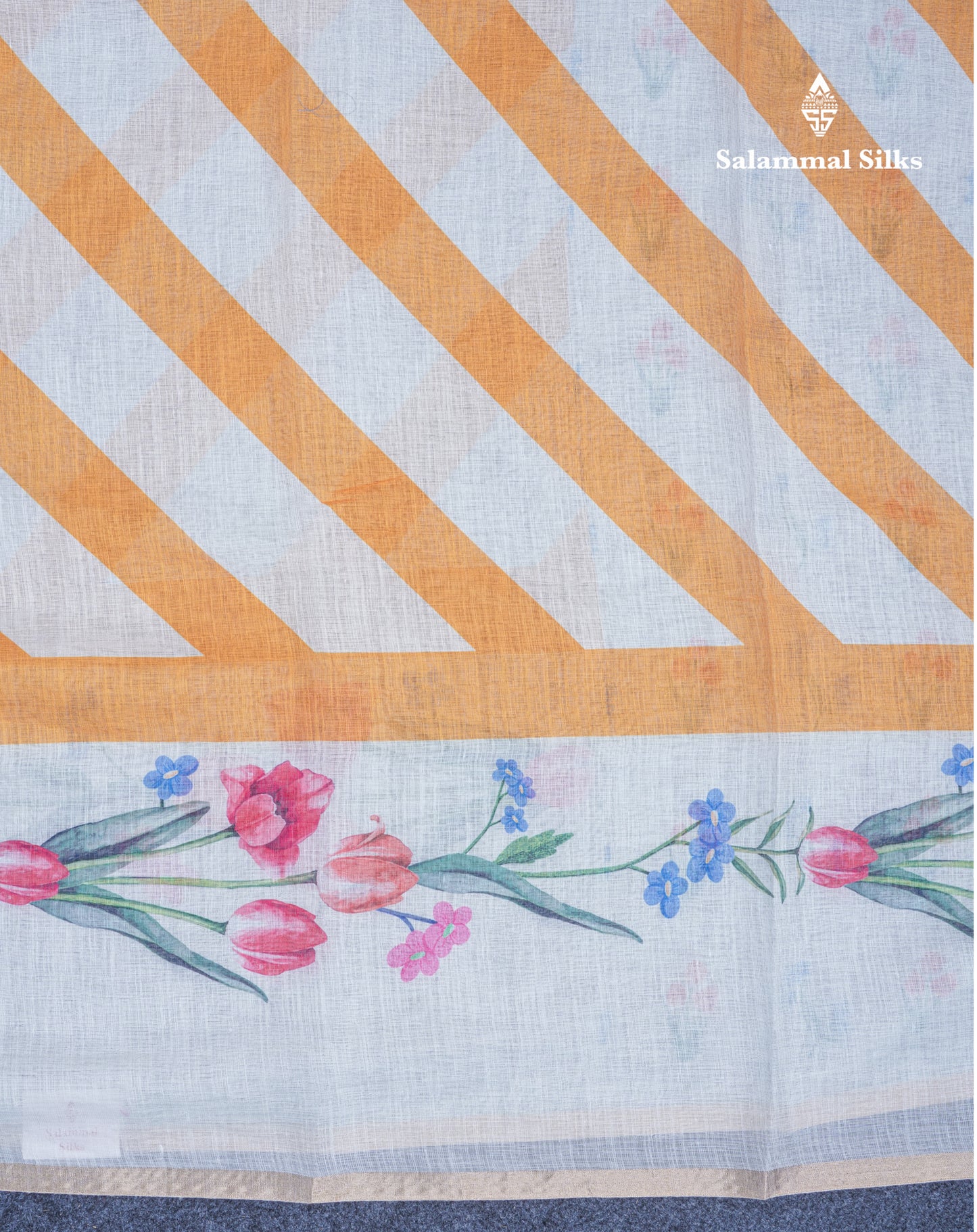 Beautiful Half White (Mustard Yellow) Linen Mix Saree With Floral Print Small Ribbon Border