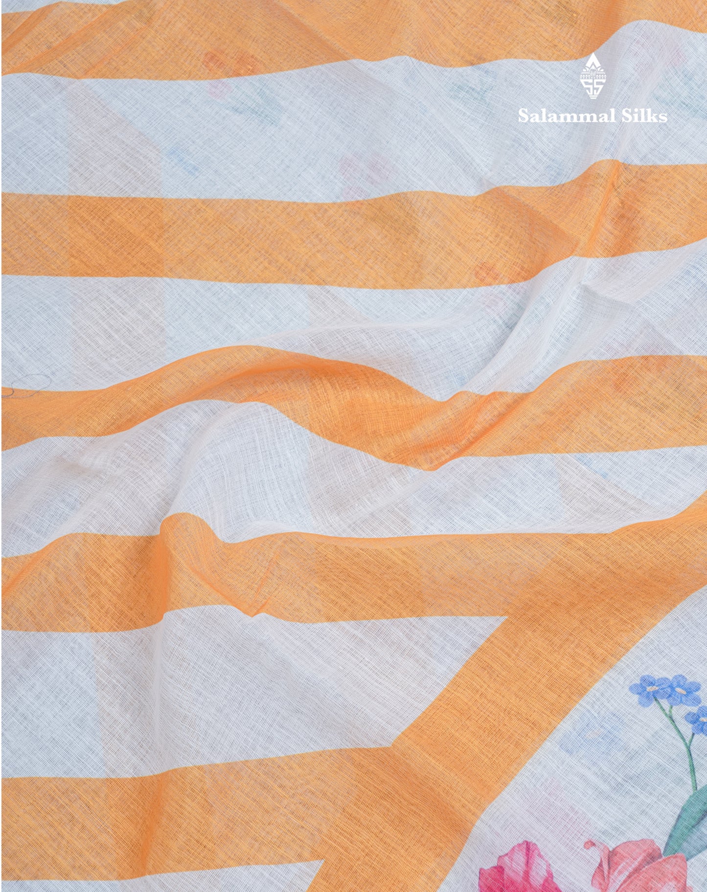 Beautiful Half White (Mustard Yellow) Linen Mix Saree With Floral Print Small Ribbon Border