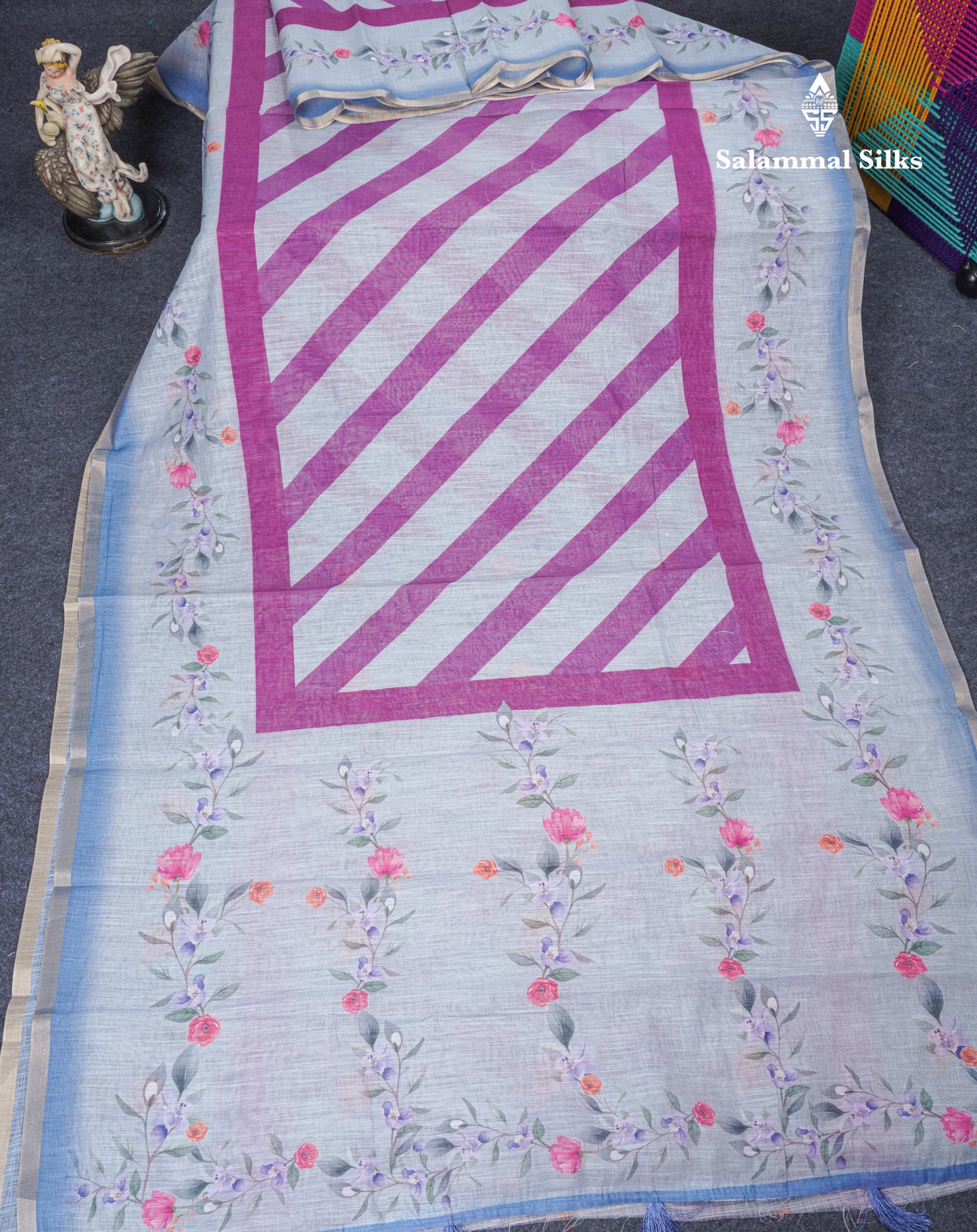 Beautiful Blueish Grey Linen Mix Saree With Flotal Print Small Ribbon Border